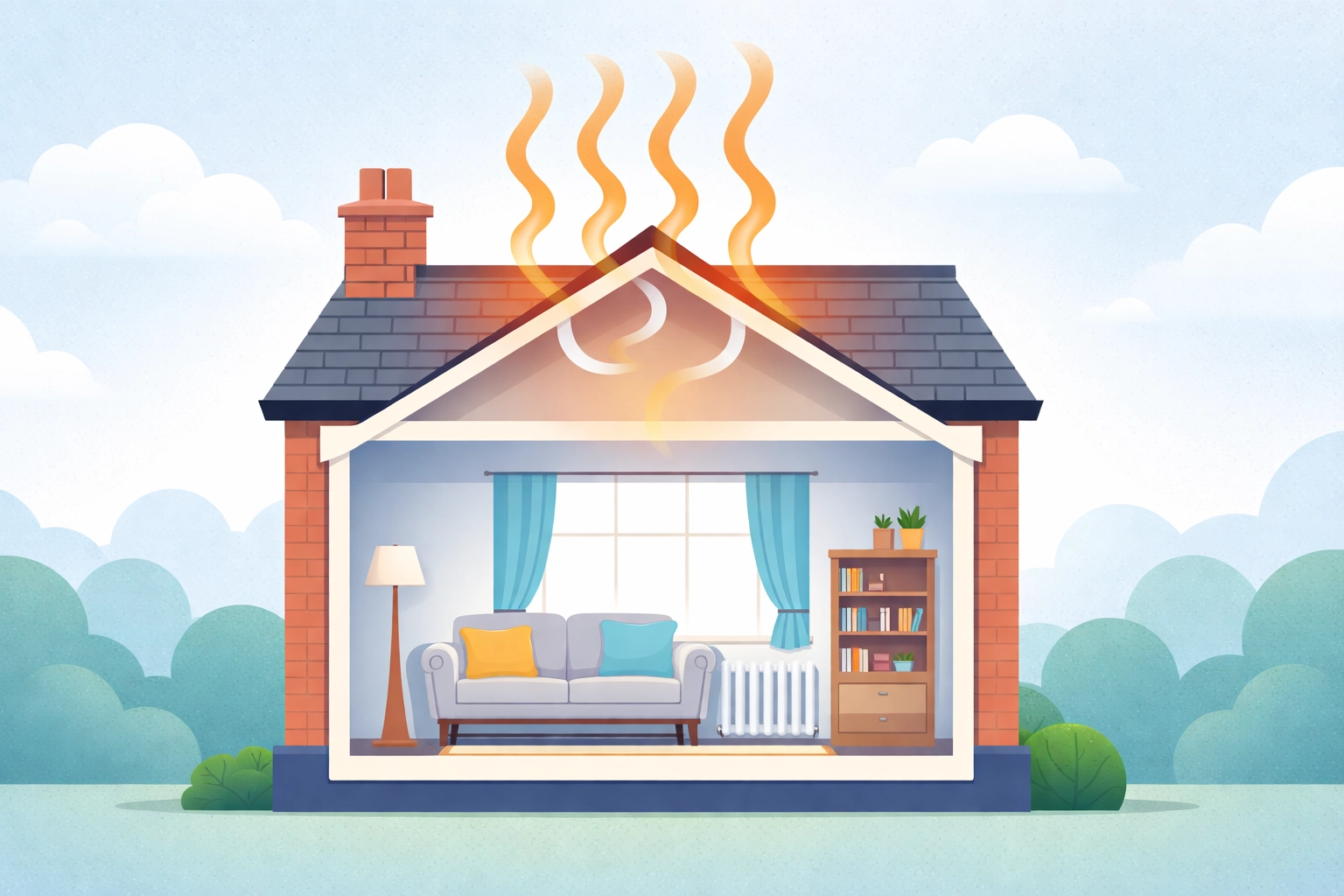 Illustration showing heat escaping through the roof of a Birmingham Victorian terraced house, highlighting energy loss.