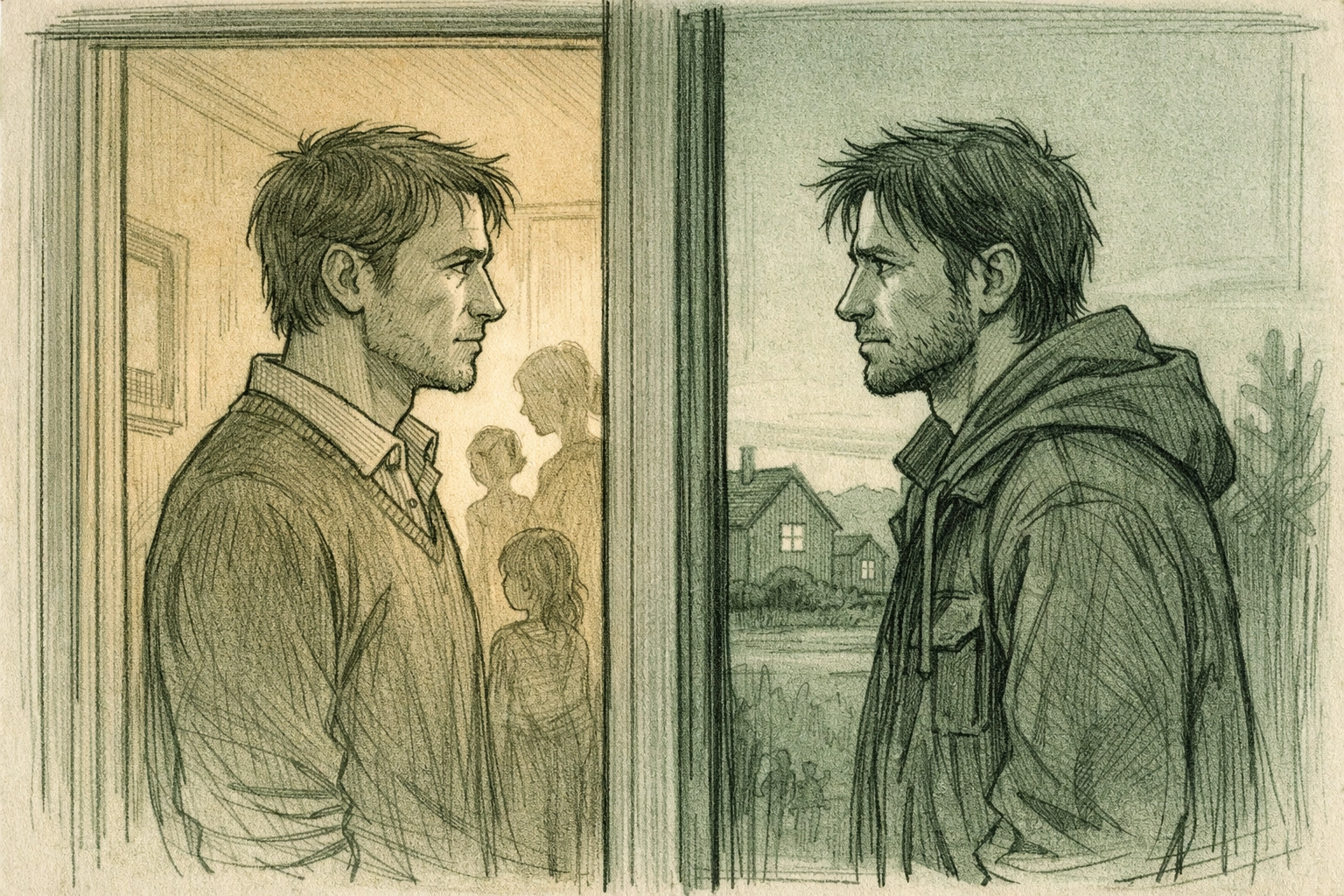 Gay man stands outside family home doorway while partner remains inside with family silhouettes