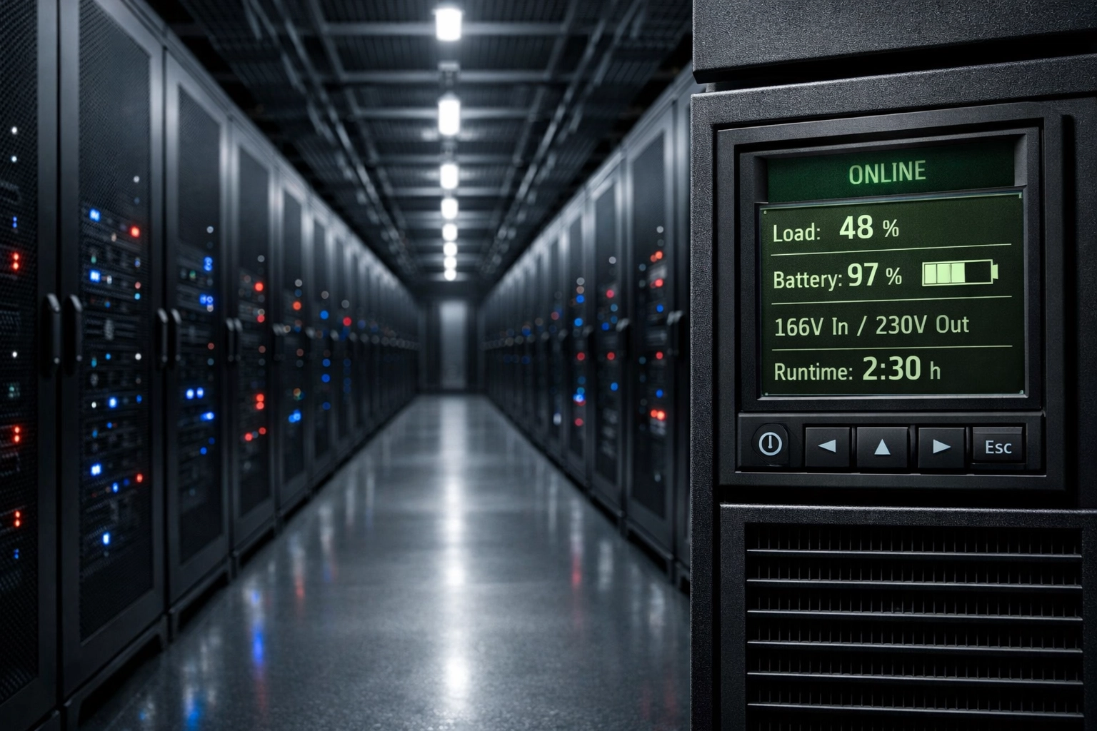 High-density data center aisle with server racks and a UPS unit status panel ensuring mission-critical uptime.