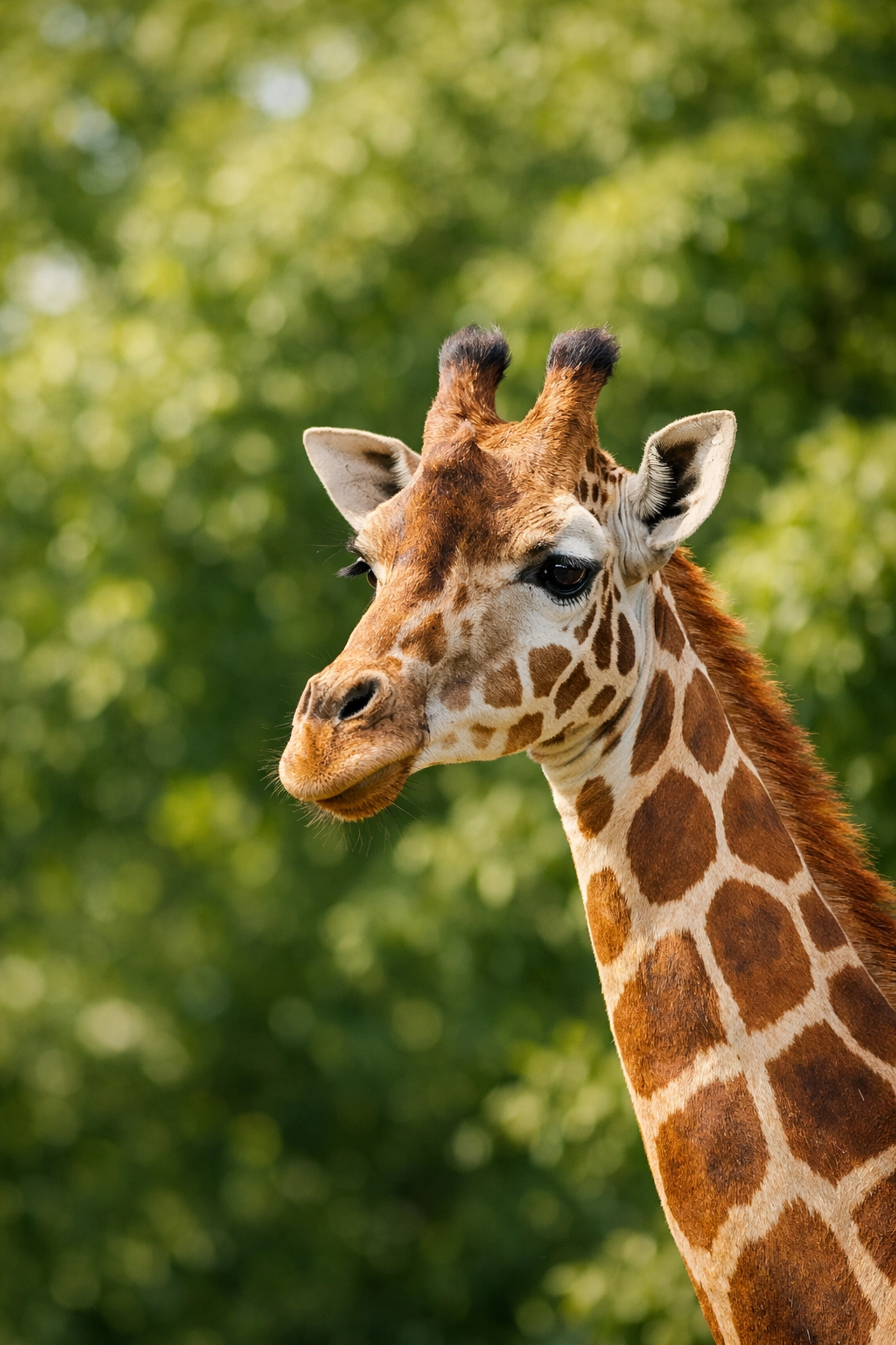 Close-up of a giraffe with a blurred natural background, demonstrating clean composition for animal spotlights.