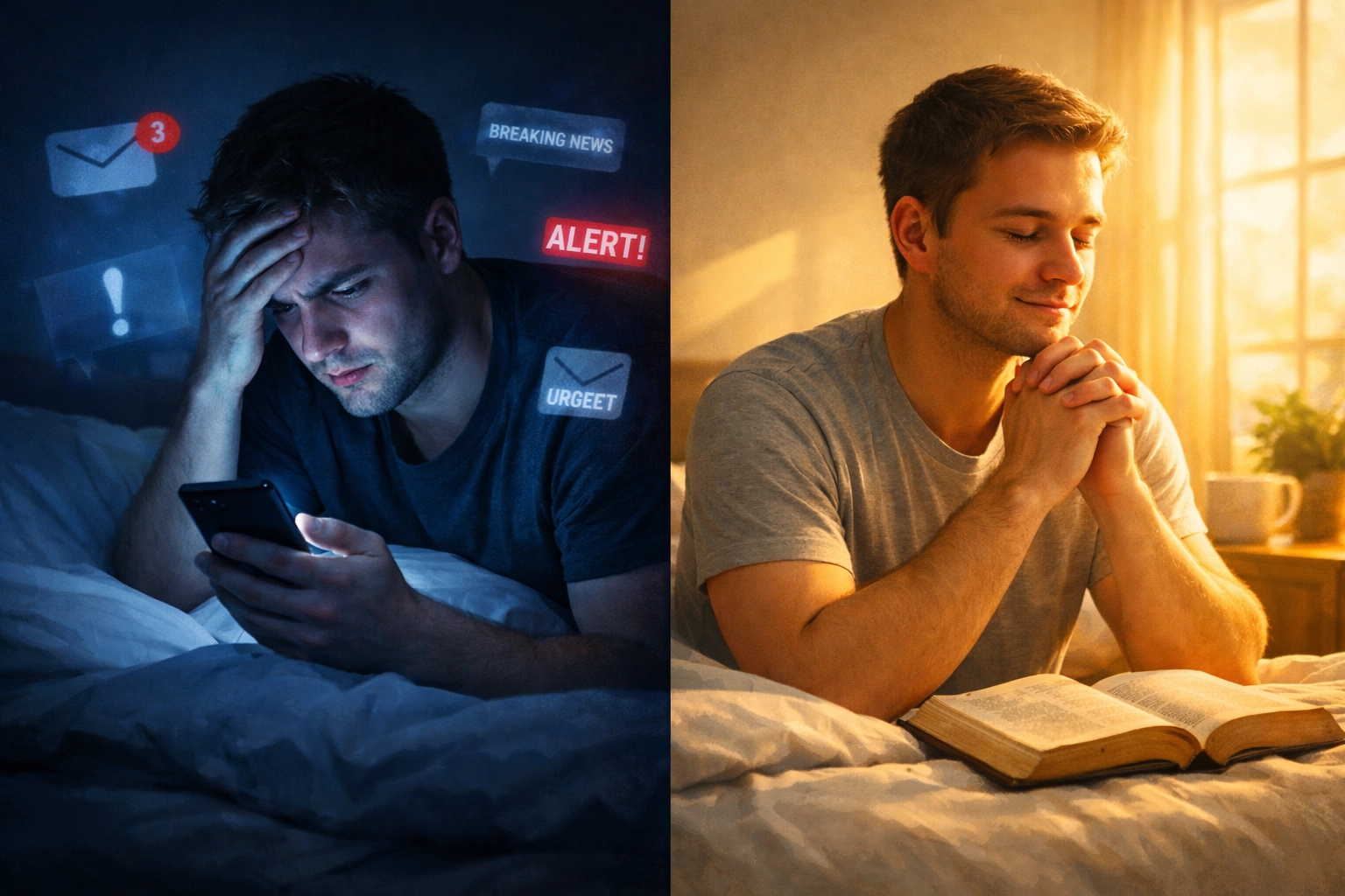 Contrast between anxious phone scrolling and peaceful morning prayer with Bible