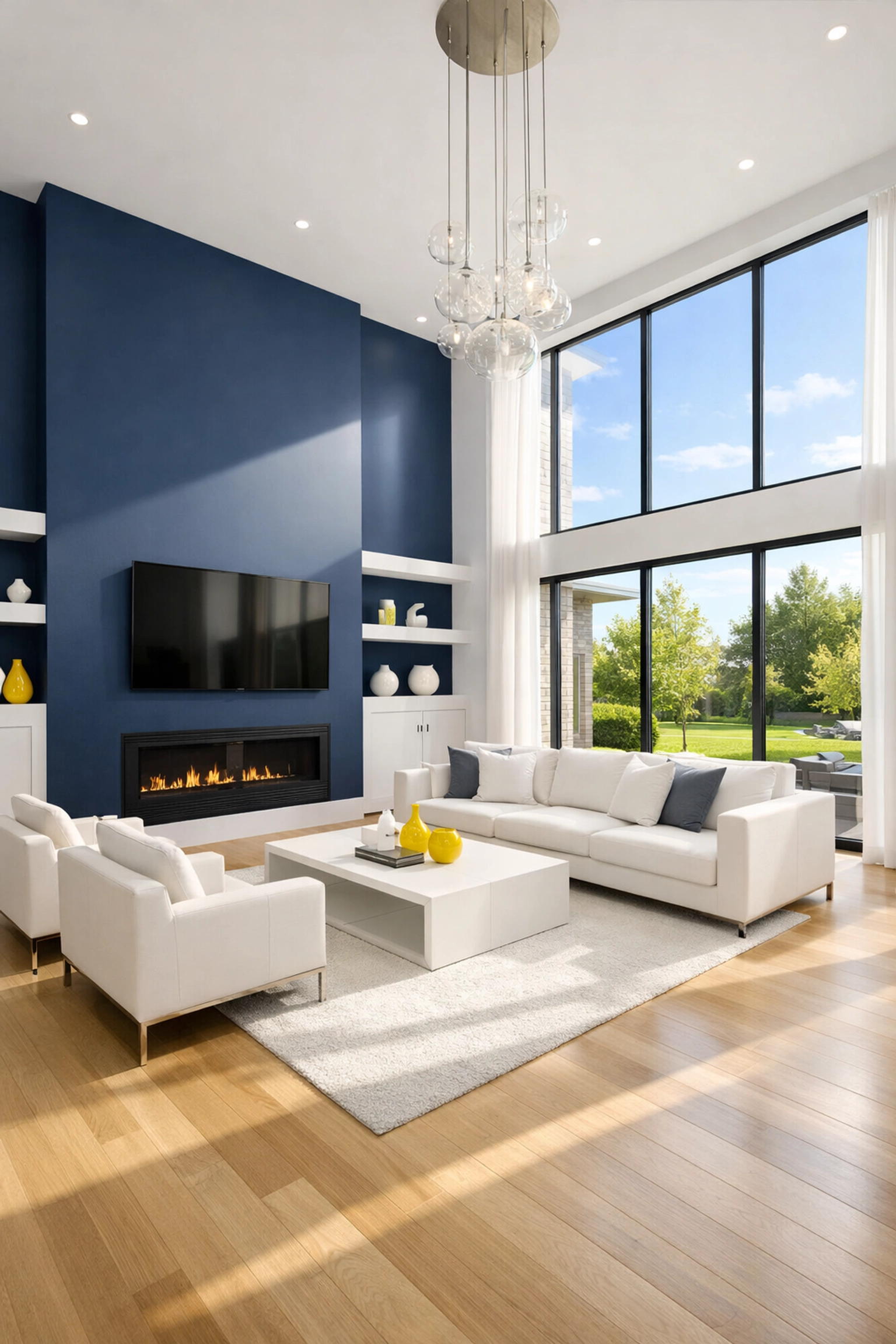 Sun-drenched modern living room in Carlisle after professional post construction cleaning.