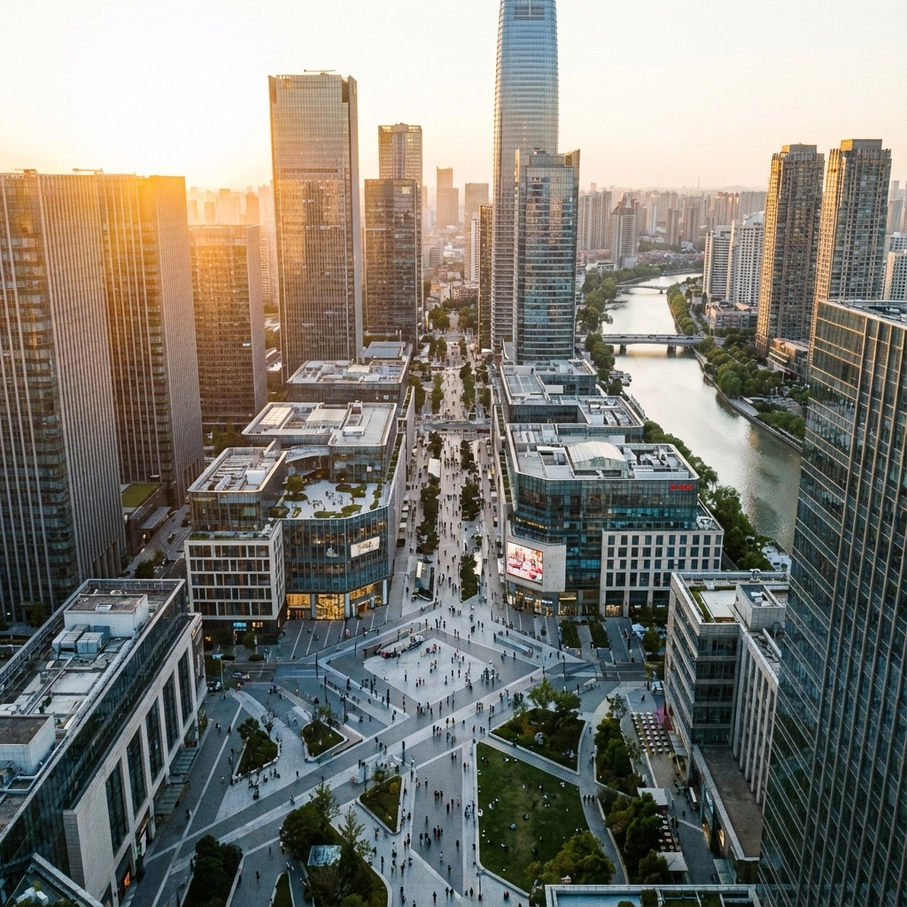 Aerial view of a bustling city with tall skyscrapers, pedestrians on a wide street, a river on the right, under a warm sunset glow.