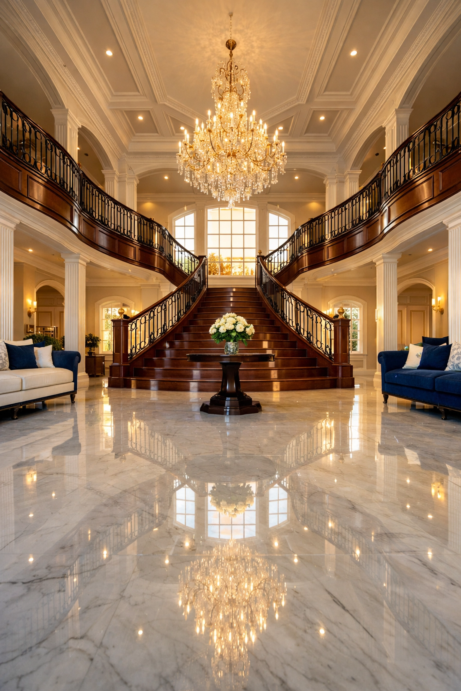 Spotless Dover estate grand foyer with gleaming marble floors after residential cleaning in Massachusetts.