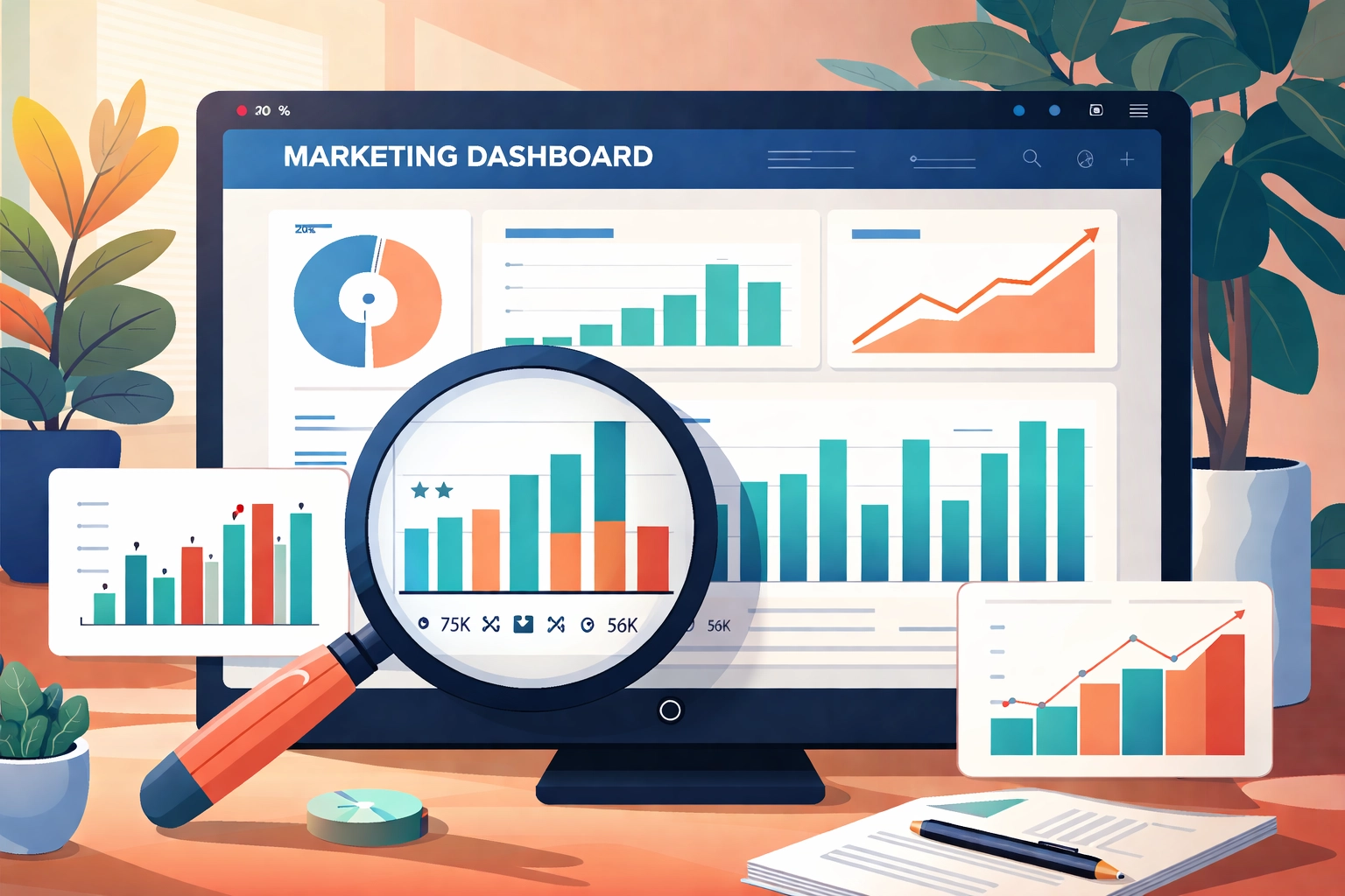 Tableau de bord marketing avec graphiques et loupe sur les taux d’engagements sur les réseaux sociaux.