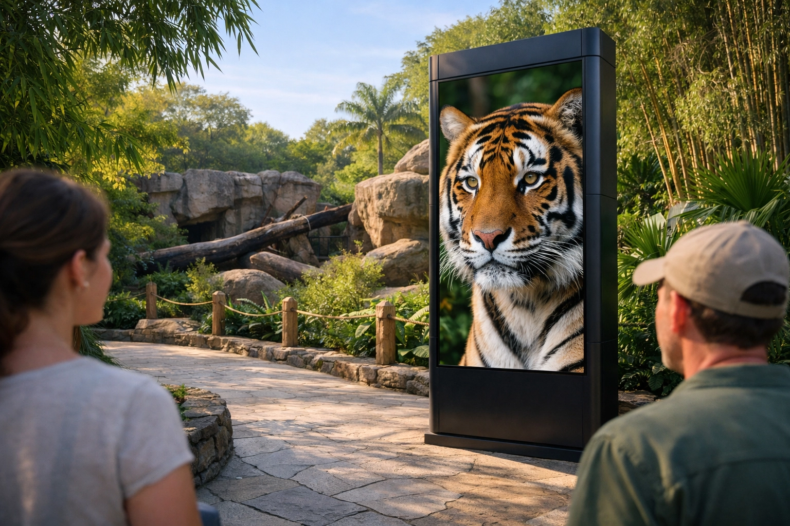 Interactive digital signage at a smart zoo displaying educational wildlife content for visitors.