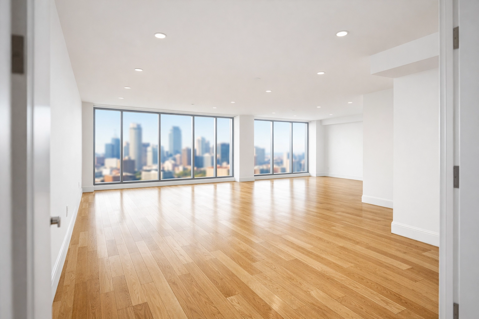 Rent-ready Indianapolis office space with polished hardwood floors and a metropolitan city view.