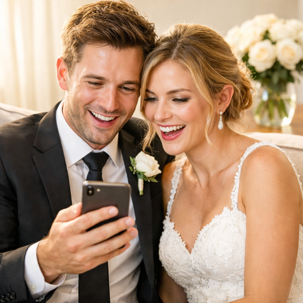 Happy couple using a digital wedding RSVP app to track guest responses and stay within budget.