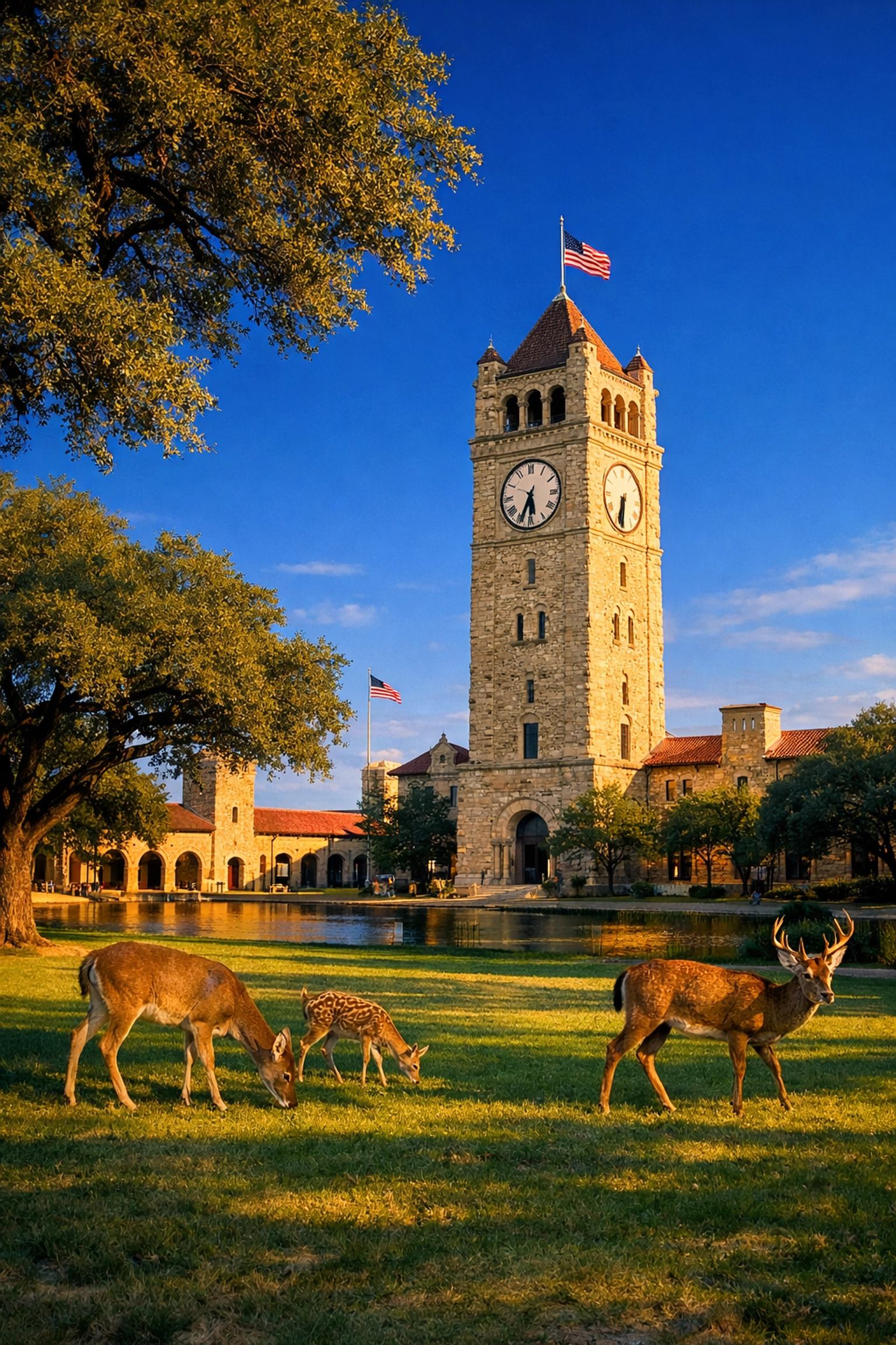 Historic clock tower and deer at Fort Sam Houston, representing JBSA base living in San Antonio.