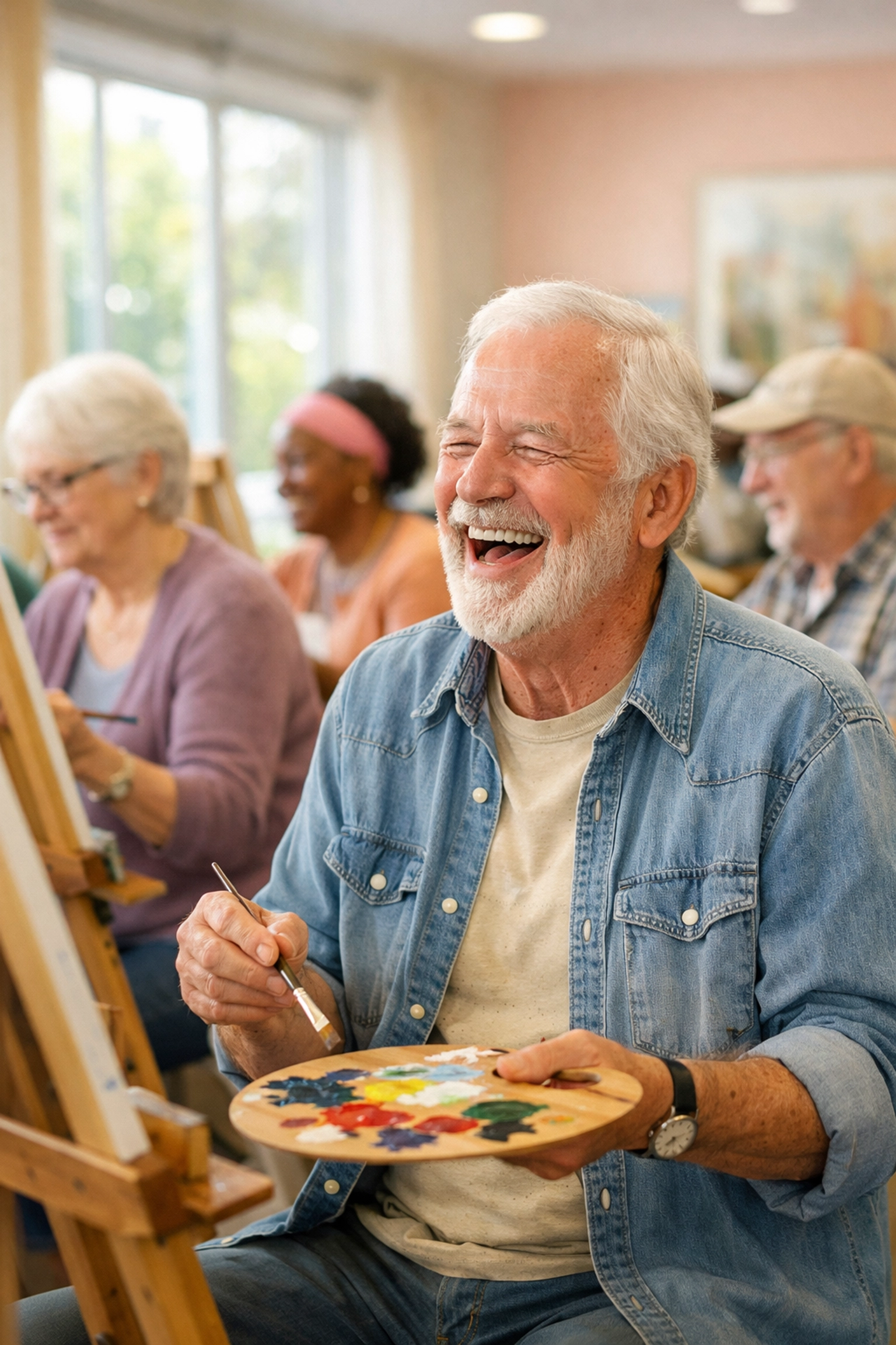 Seniors enjoying art activities at adult day care center in Sarasota