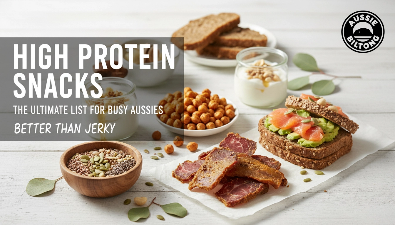 Aussie Biltong cover photo, high protein snacks, biltong snacks, healthy meat snacks, biltong nutrition, air dried beef, logo visible in the top right corner
