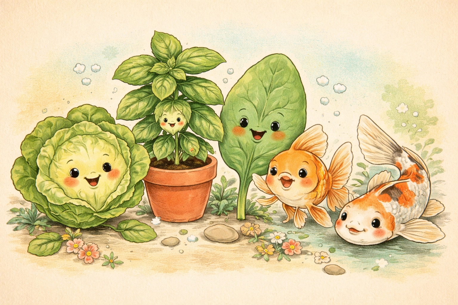 Vintage cartoon vegetables and fish as friends, teaching aquaponics basics to kids