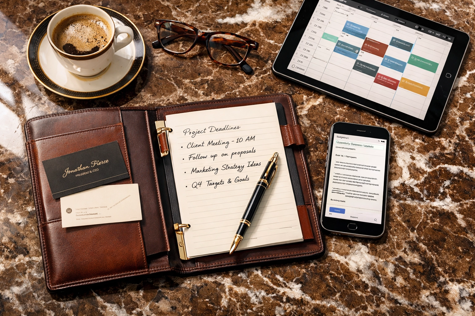 Executive workspace with business notes and calendar for strategic follow-up planning