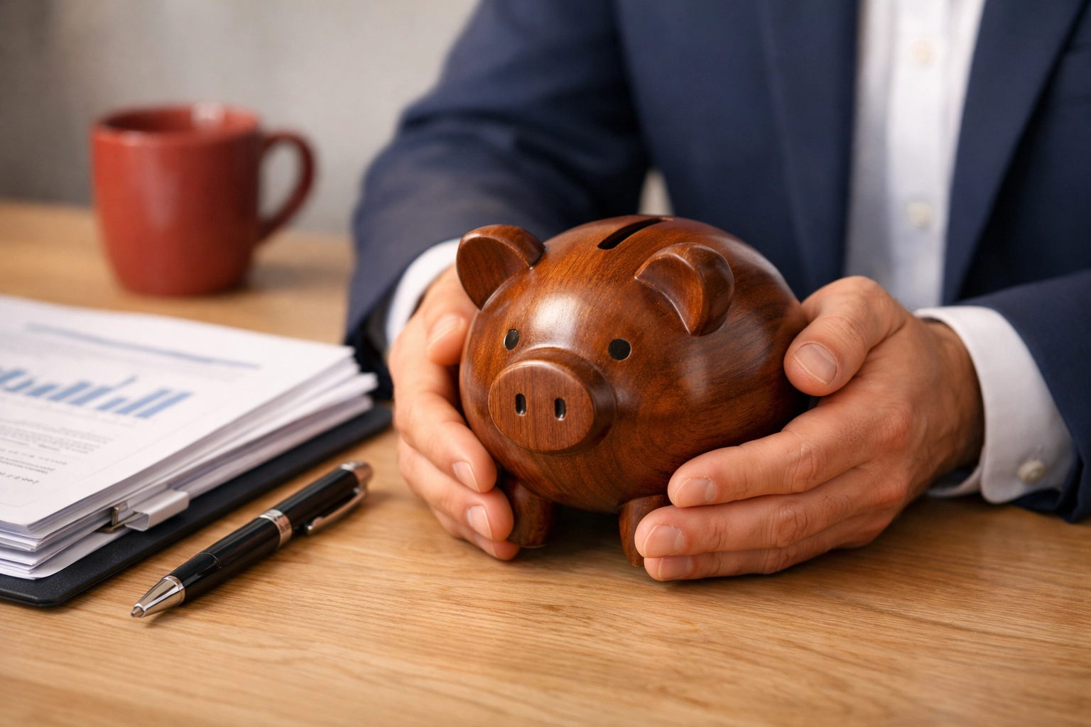 Close-up of hands with a piggy bank and financial documents for tracking credit score progress.