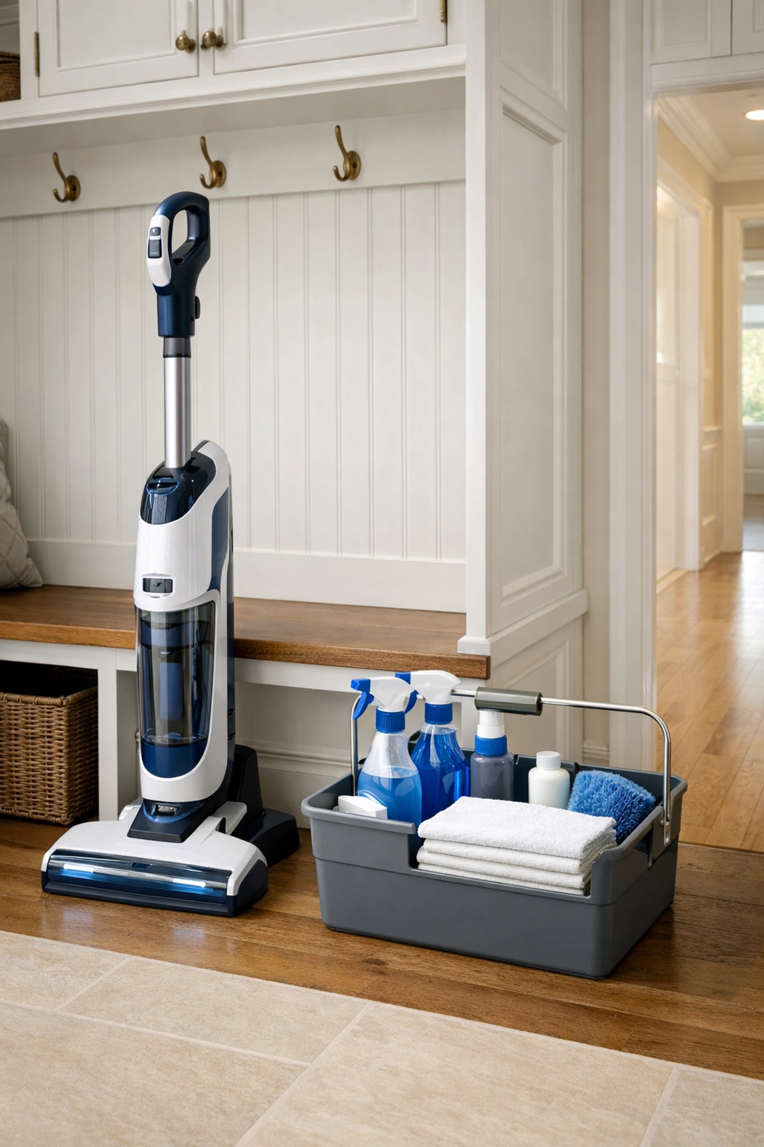 High-end cleaning equipment and supplies organized for a professional house cleaning service in Harvard.