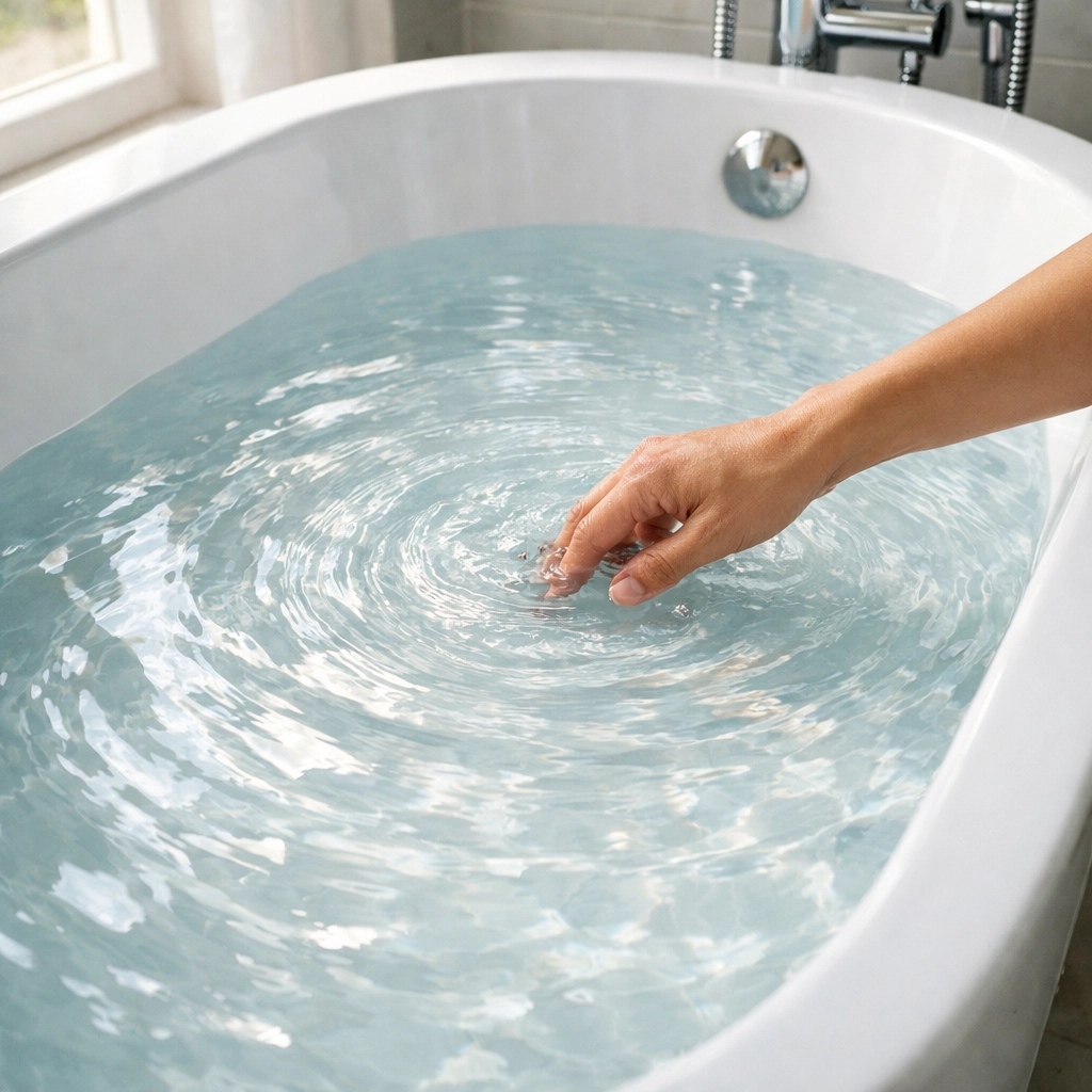 Mixing bathwater by hand to ensure even temperature before bathing