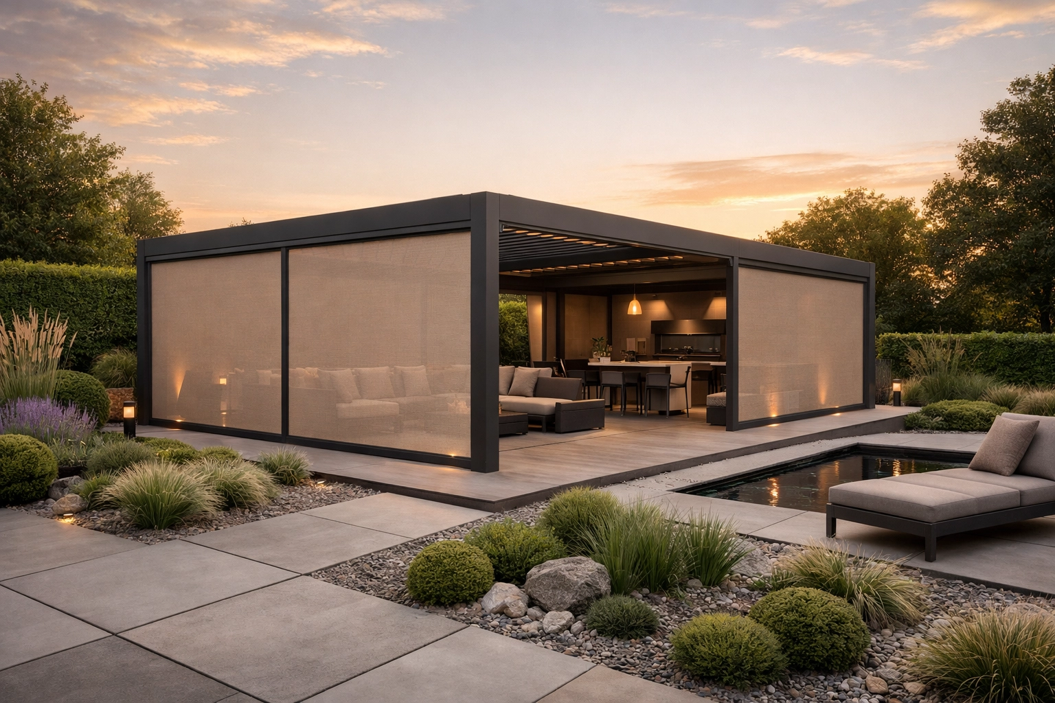 Exklusive Pergola Wien mit Zip-Screens und modernem Bodenbelag für hochwertiges Outdoor Living.