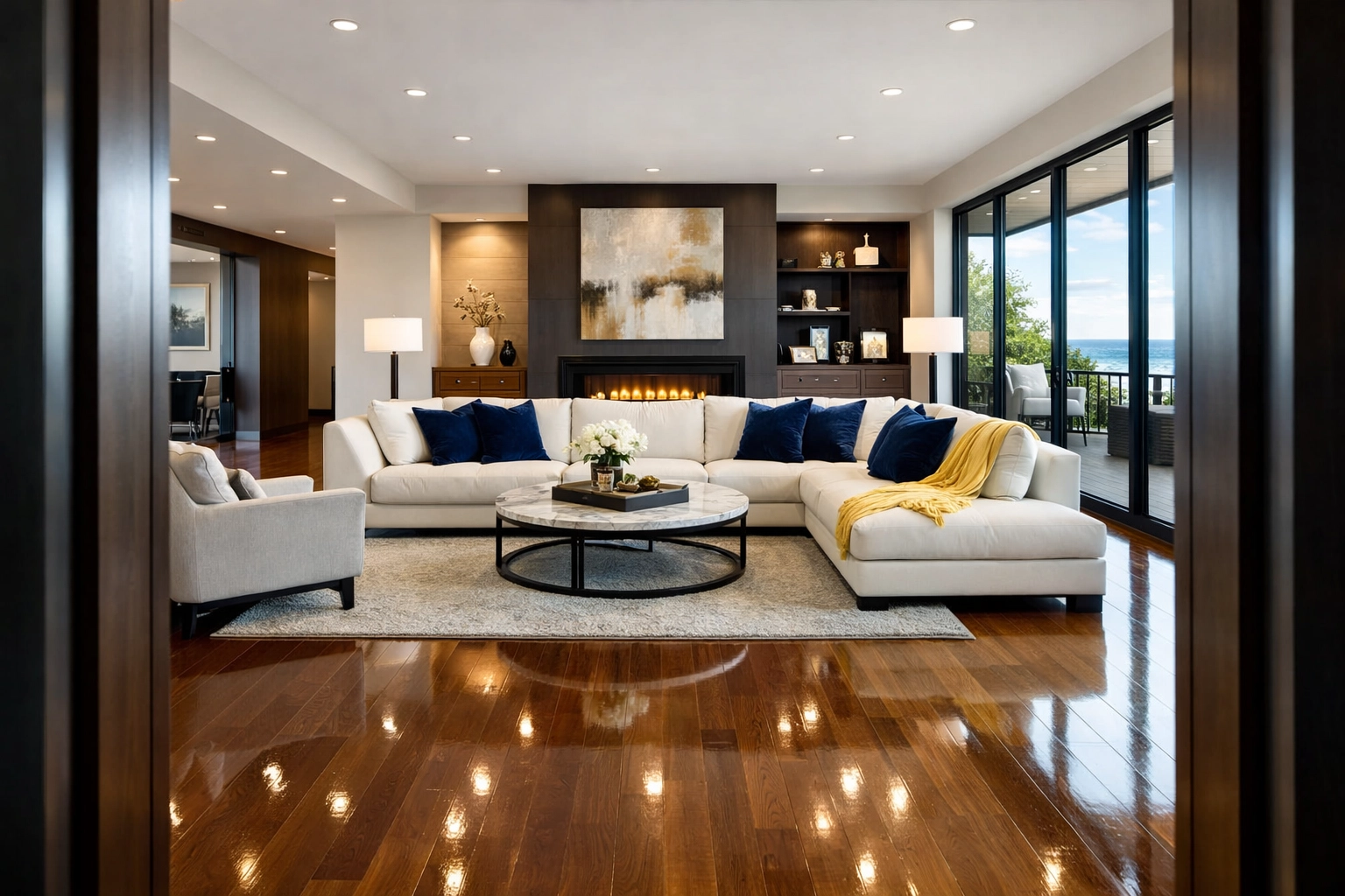A clean, clutter-free contemporary living room with polished hardwood floors and tidy decor.