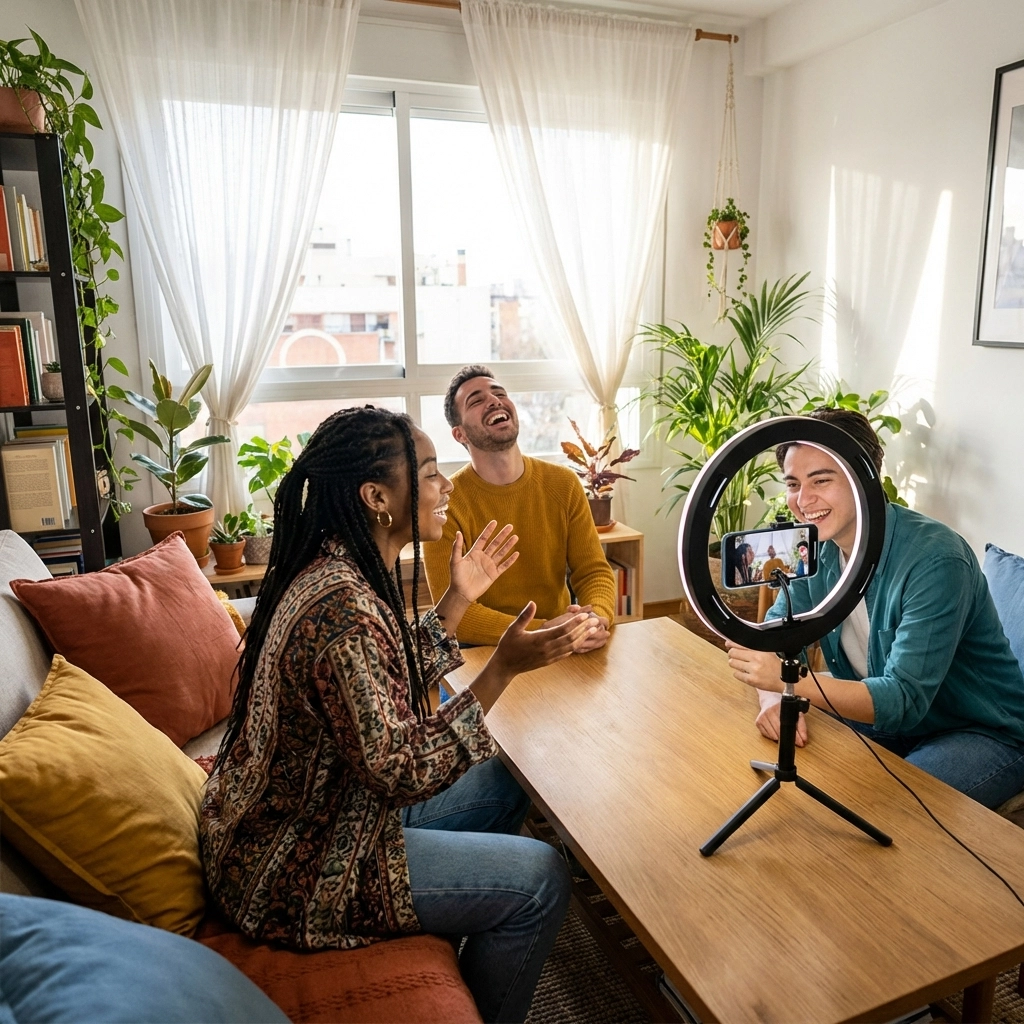 Diverse group creating Instagram Reels in a modern apartment, showcasing short-form video content collaboration.