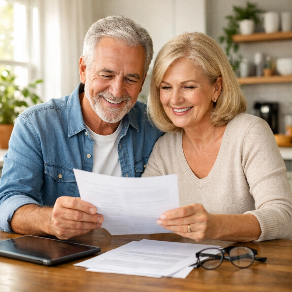Senior couple reviewing tax documents at home discussing 2026 standard deduction benefits