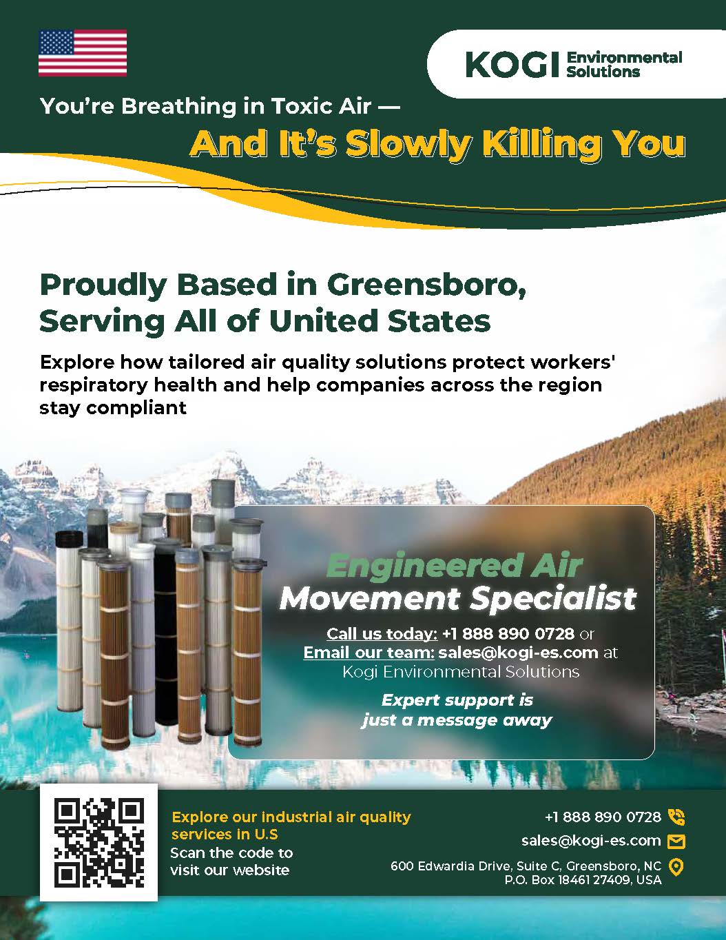 Promotional flyer for Kogi Environmental Solutions featuring cartridge filters