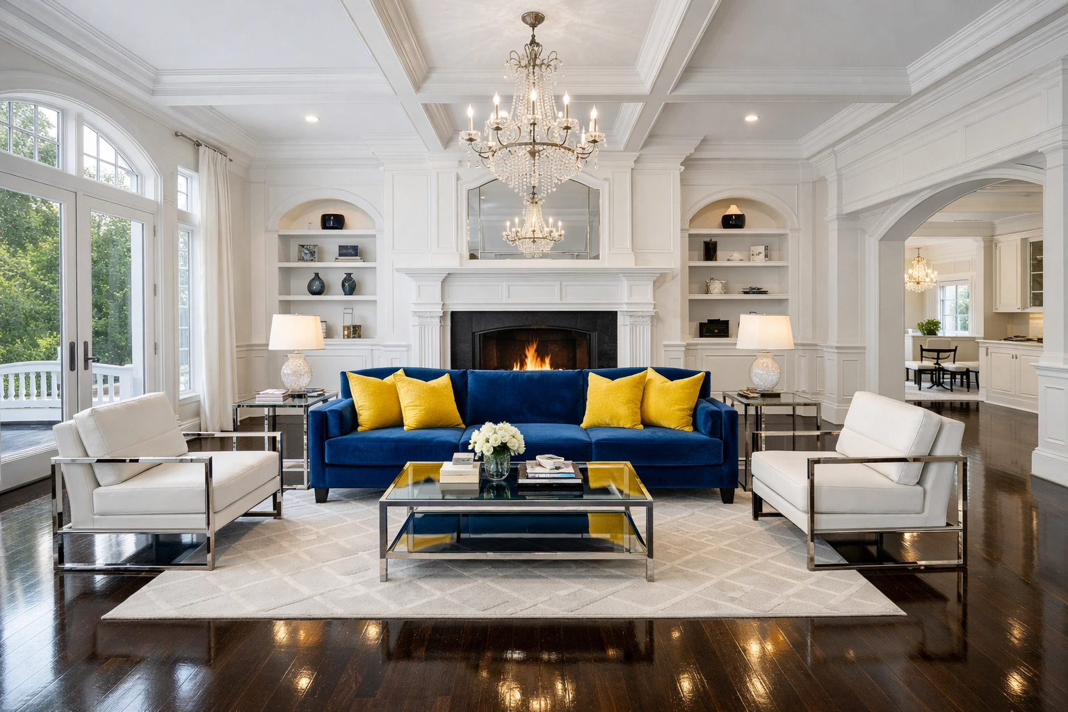 Sanitized luxury living room with high ceilings, showcasing the results of professional cleaners MA.