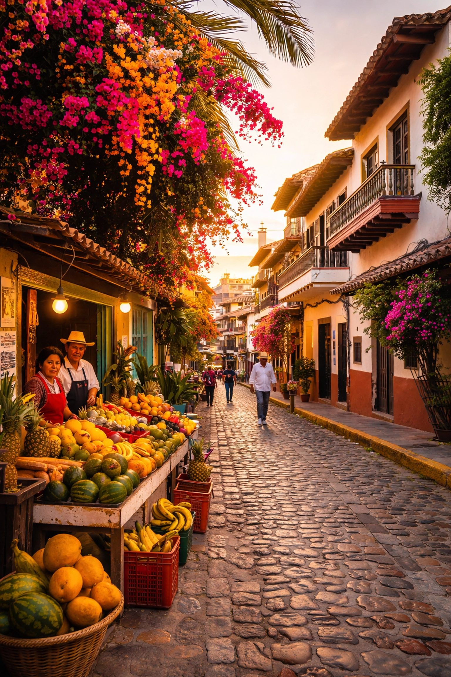 Puerto Vallarta Old Town street with local vendors, colorful fruit stands, and colonial buildings: direct booking Puerto Vallarta vibe