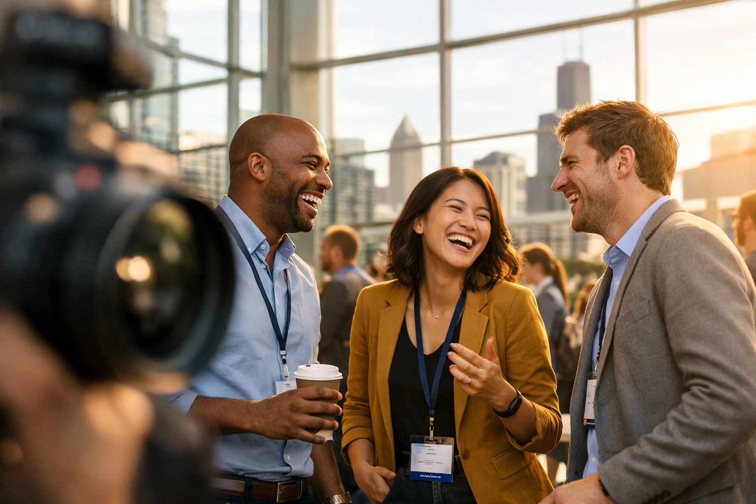Candid business event photography at a Chicago conference capturing professional networking and interaction.