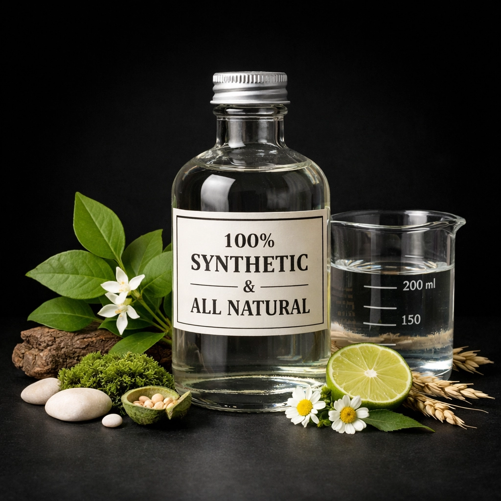 Natural botanicals next to skincare bottle showing misleading natural marketing claims