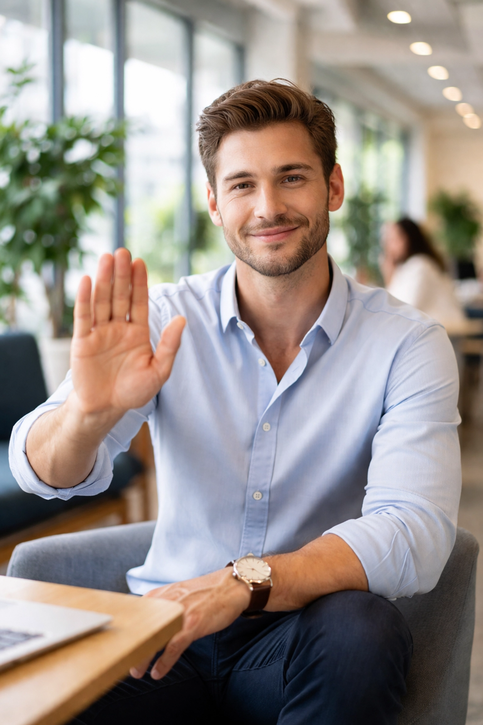 Male entrepreneur in a co-working space confidently setting founder boundaries with a polite gesture