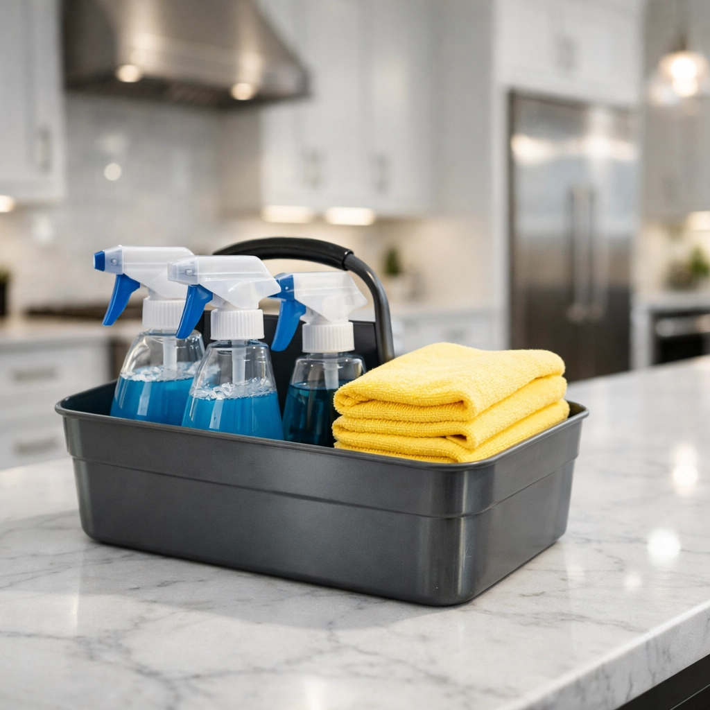 Organized cleaning caddy with professional supplies on a marble counter for a maid service Worcester.