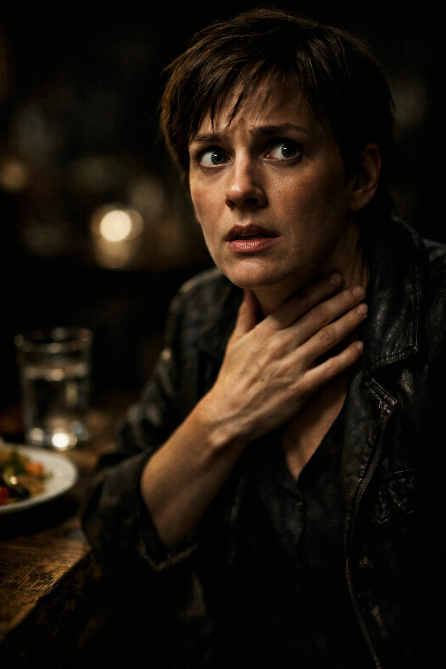 A person at a restaurant recognizing early symptoms of anaphylaxis and signaling for emergency response.