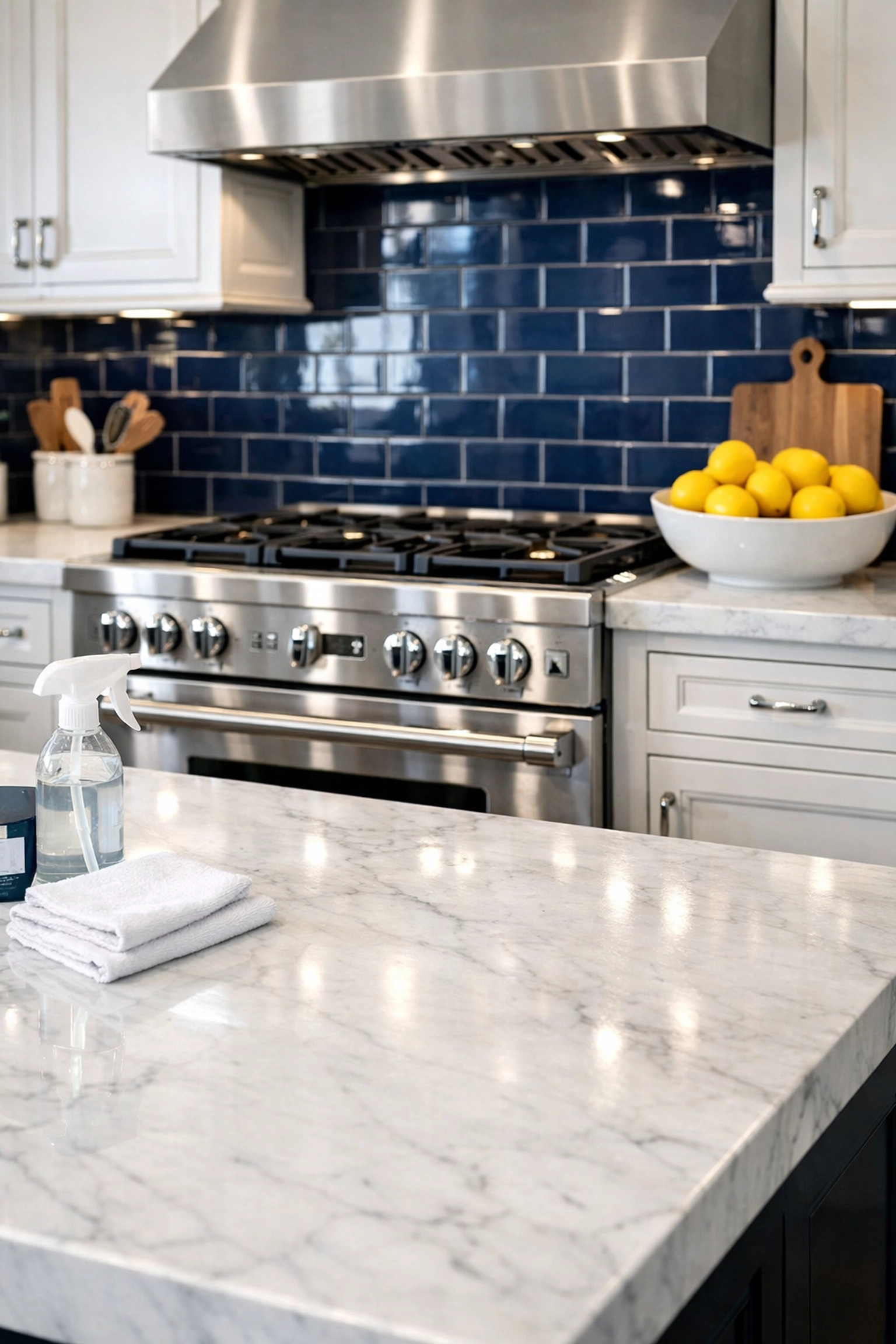 Detailed deep cleaning services near me in a luxury Massachusetts kitchen with sparkling marble and steel surfaces.