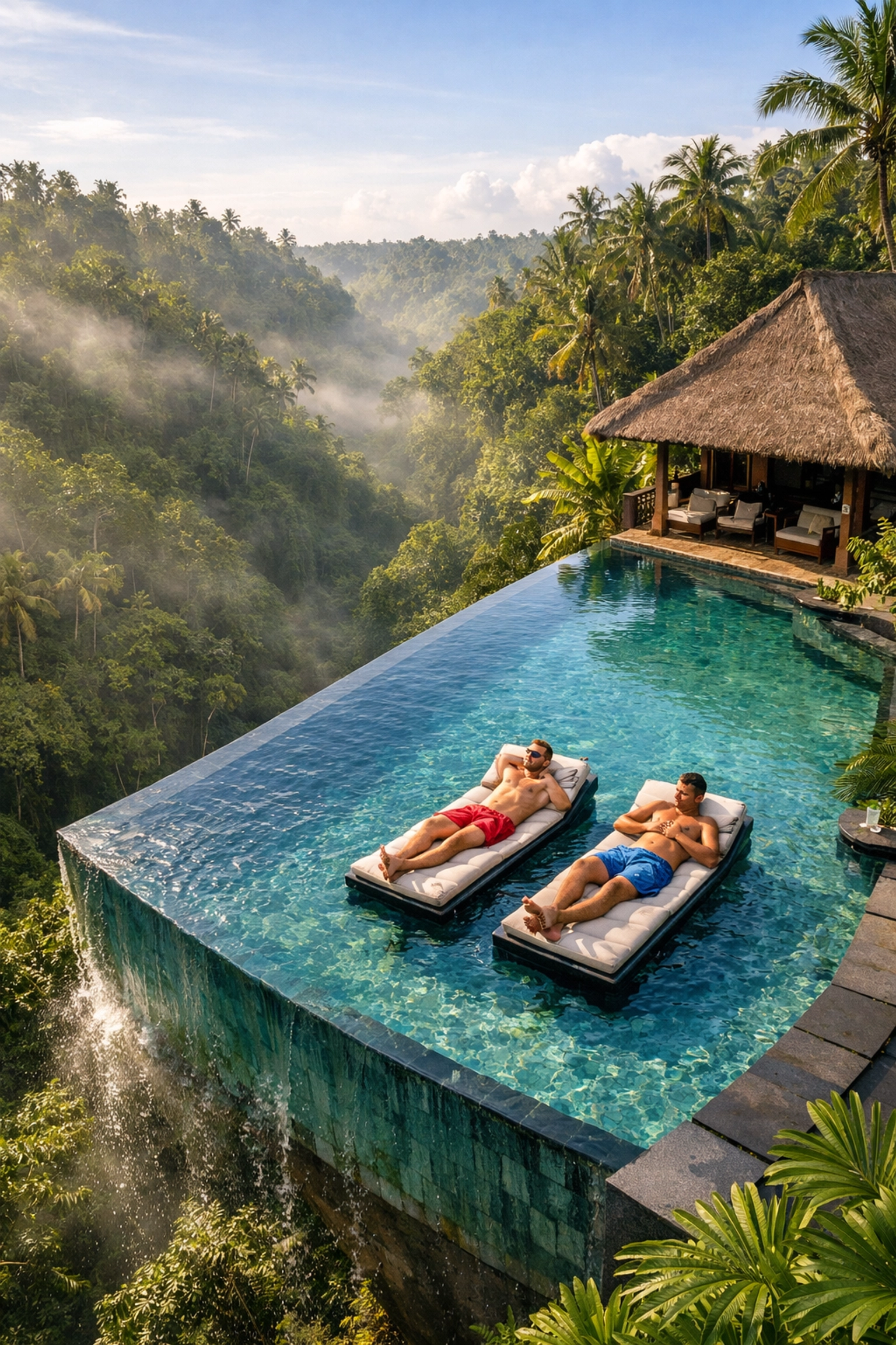 Aerial view of gay honeymoon couple relaxing in private infinity pool villa in Ubud Bali