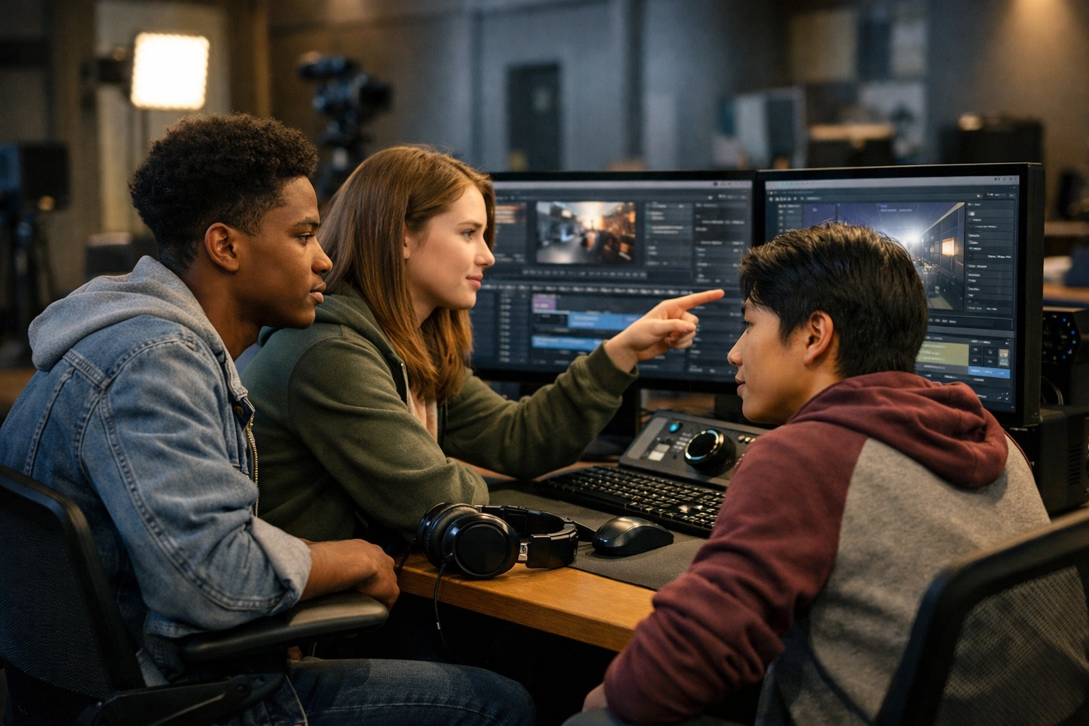 High school students collaborating in a digital media lab on innovative educational projects.