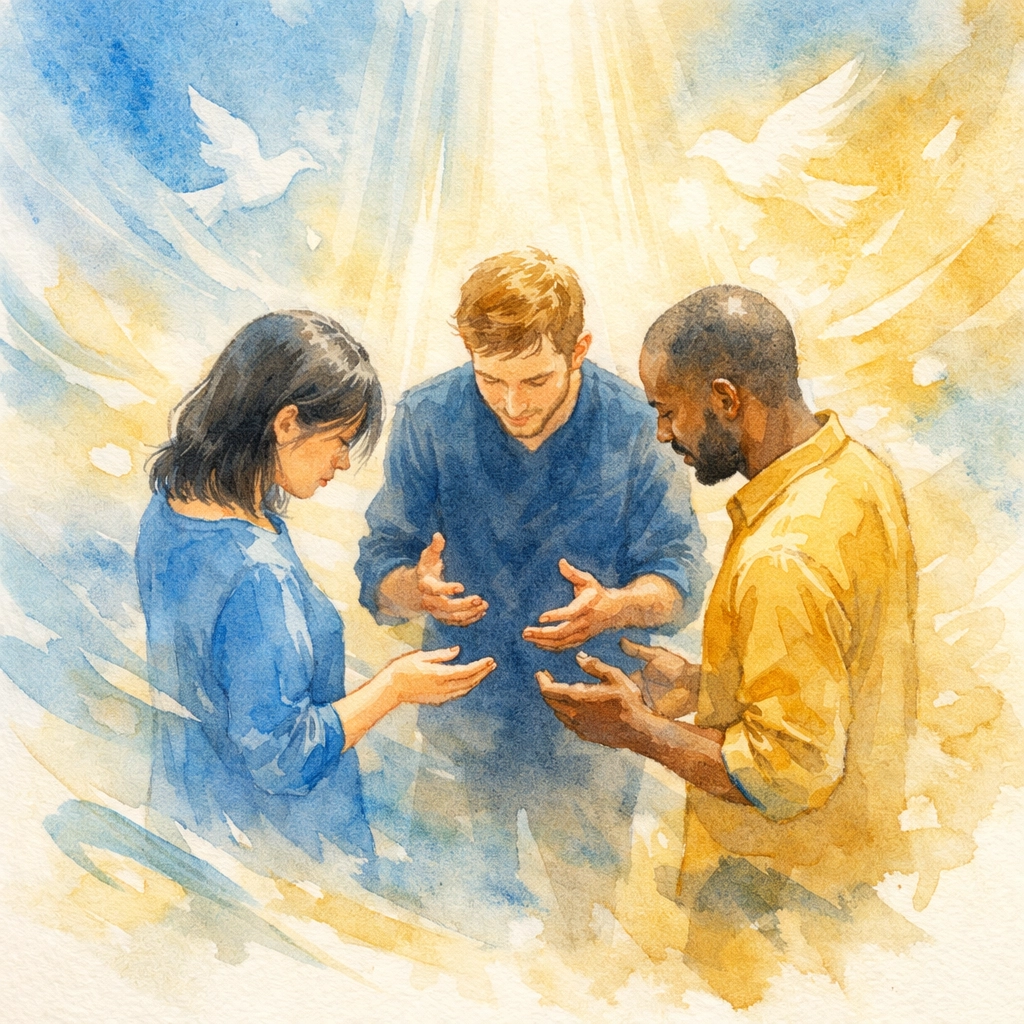 Church community members in circle demonstrating unity and collaborative trust