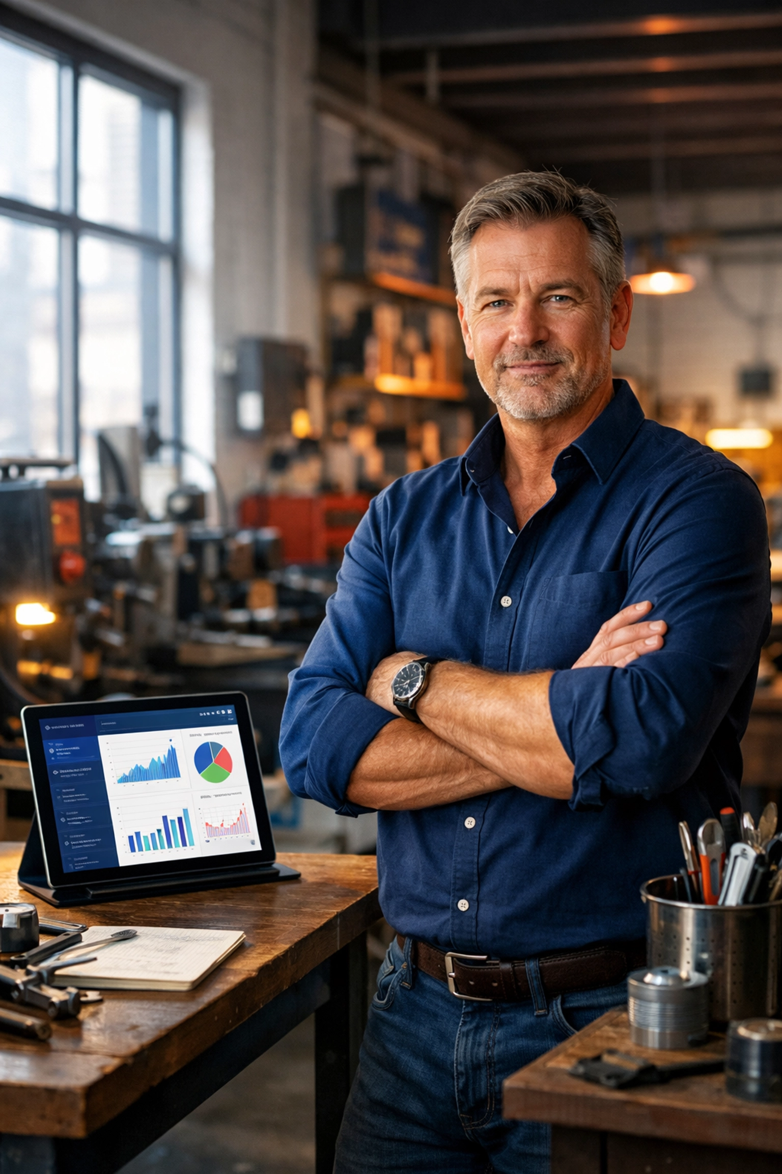 Business owner using tablet with data dashboards in manufacturing facility showing AI-ready operations
