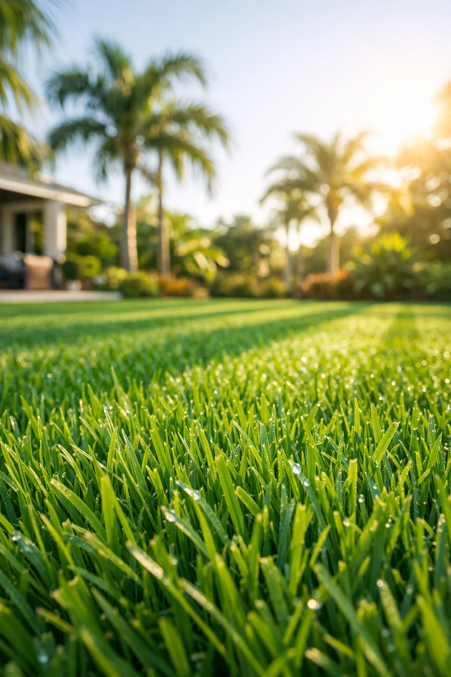 Lush green St. Augustine grass mowed to four inches in a sunny Sarasota backyard.