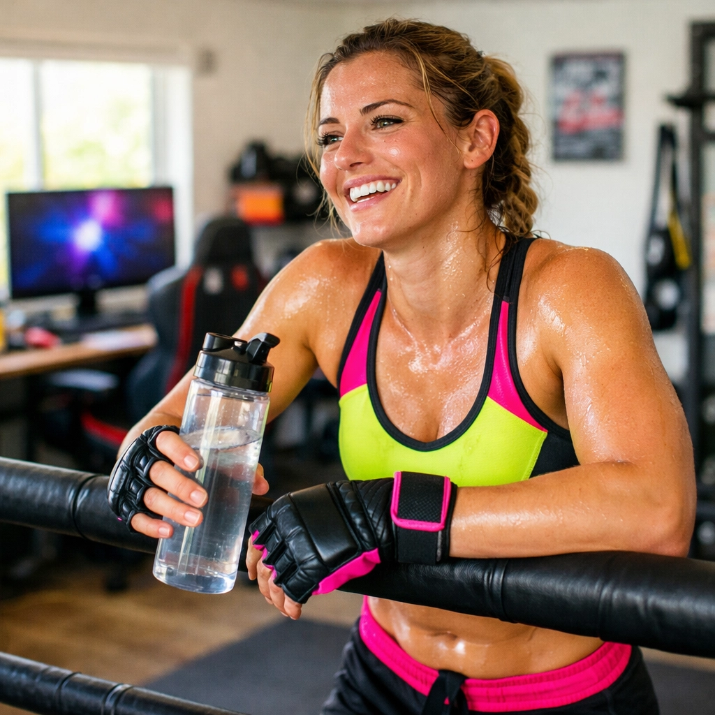 Female MMA athlete training at home with a professional crossfit home gym system in an apartment office.