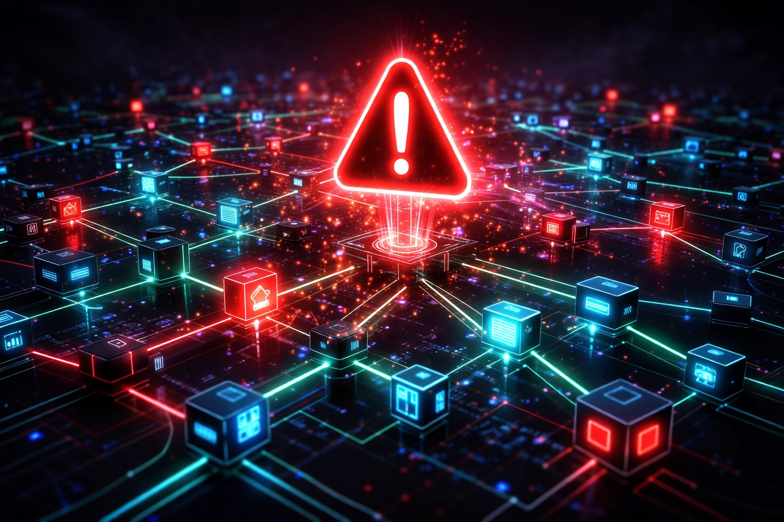 Illustration of a software dependency network highlighting compromised third-party packages and pipeline threats