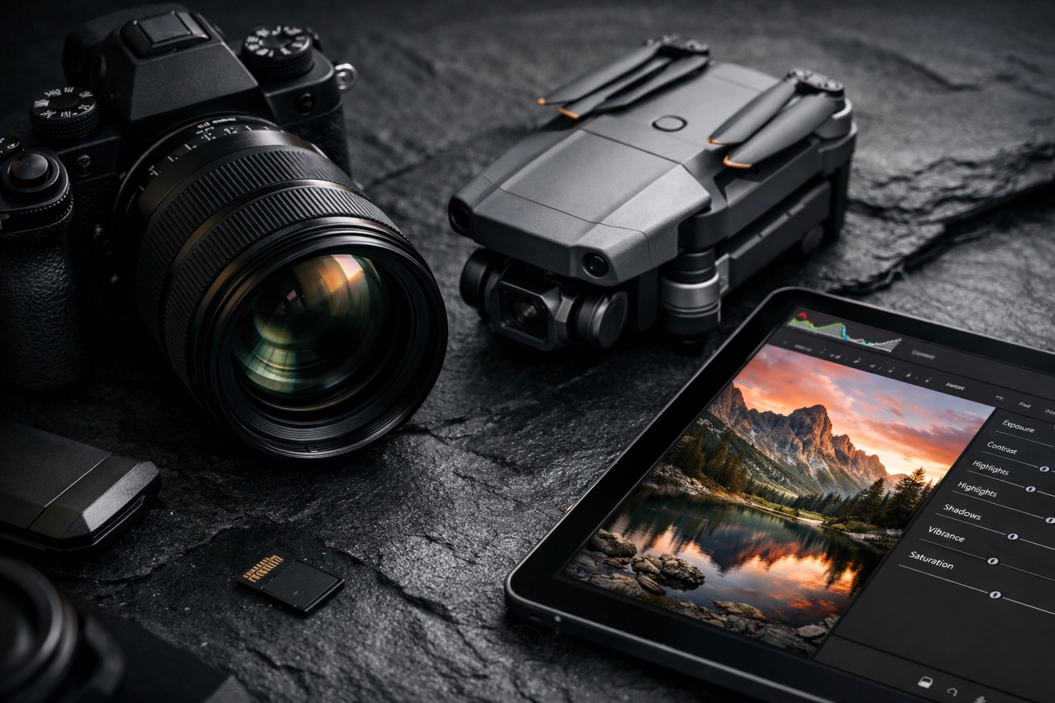 High-end photography equipment including a mirrorless camera and drone for professional portfolio shoots.