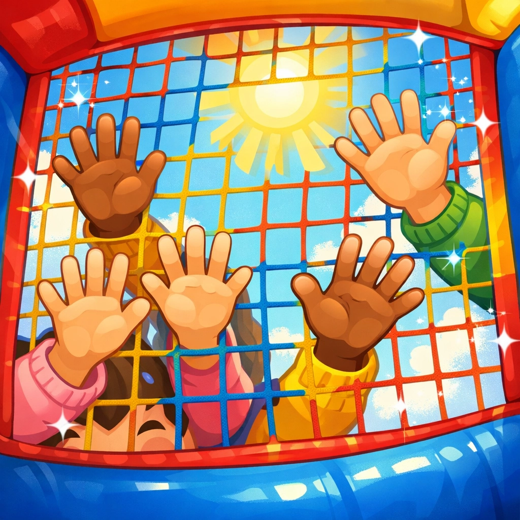 Happy children playing safely in a clean bounce house rental with mesh windows