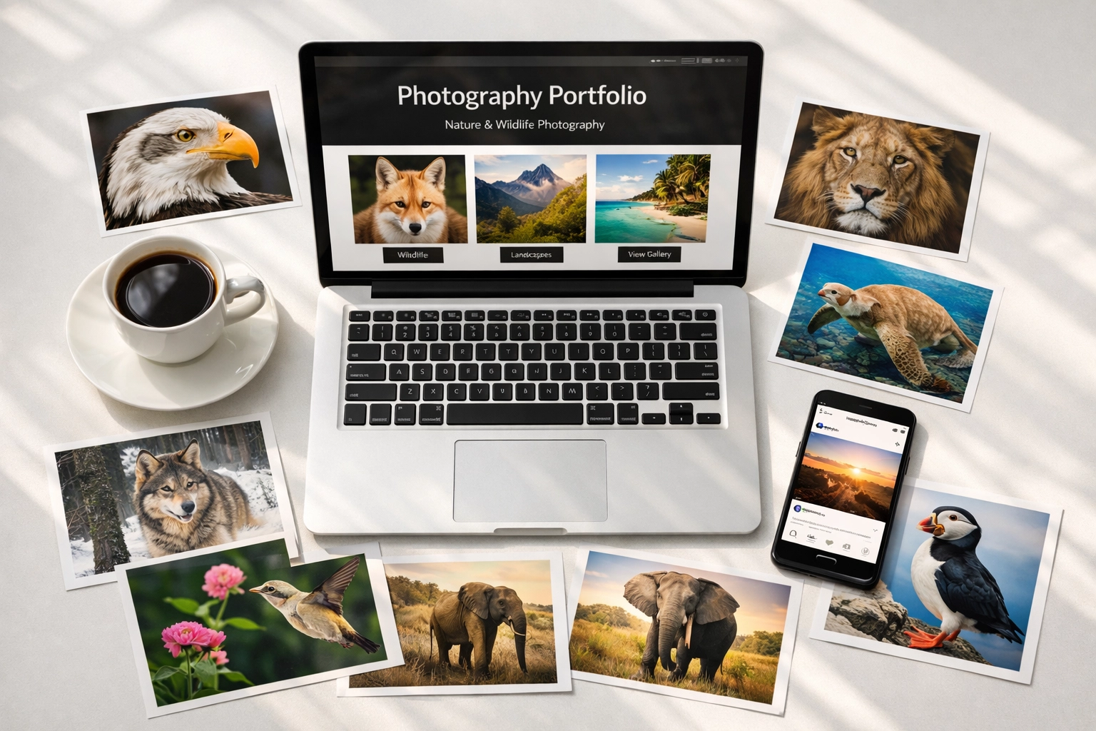 Animal photographer workspace with laptop showing portfolio website and printed wildlife photos
