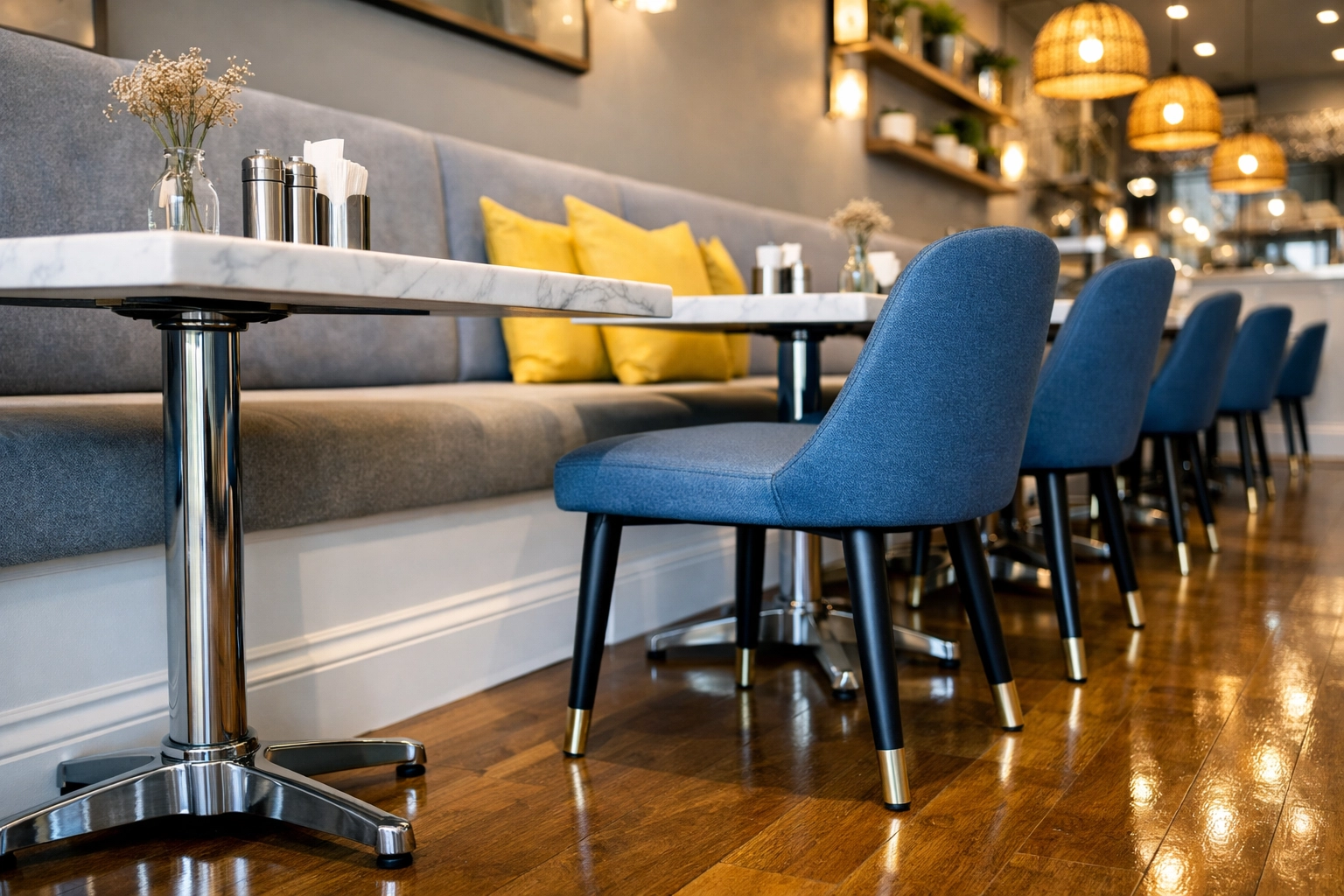 Deep cleaned Fitchburg cafe interior featuring sparkling marble tables and polished floors.