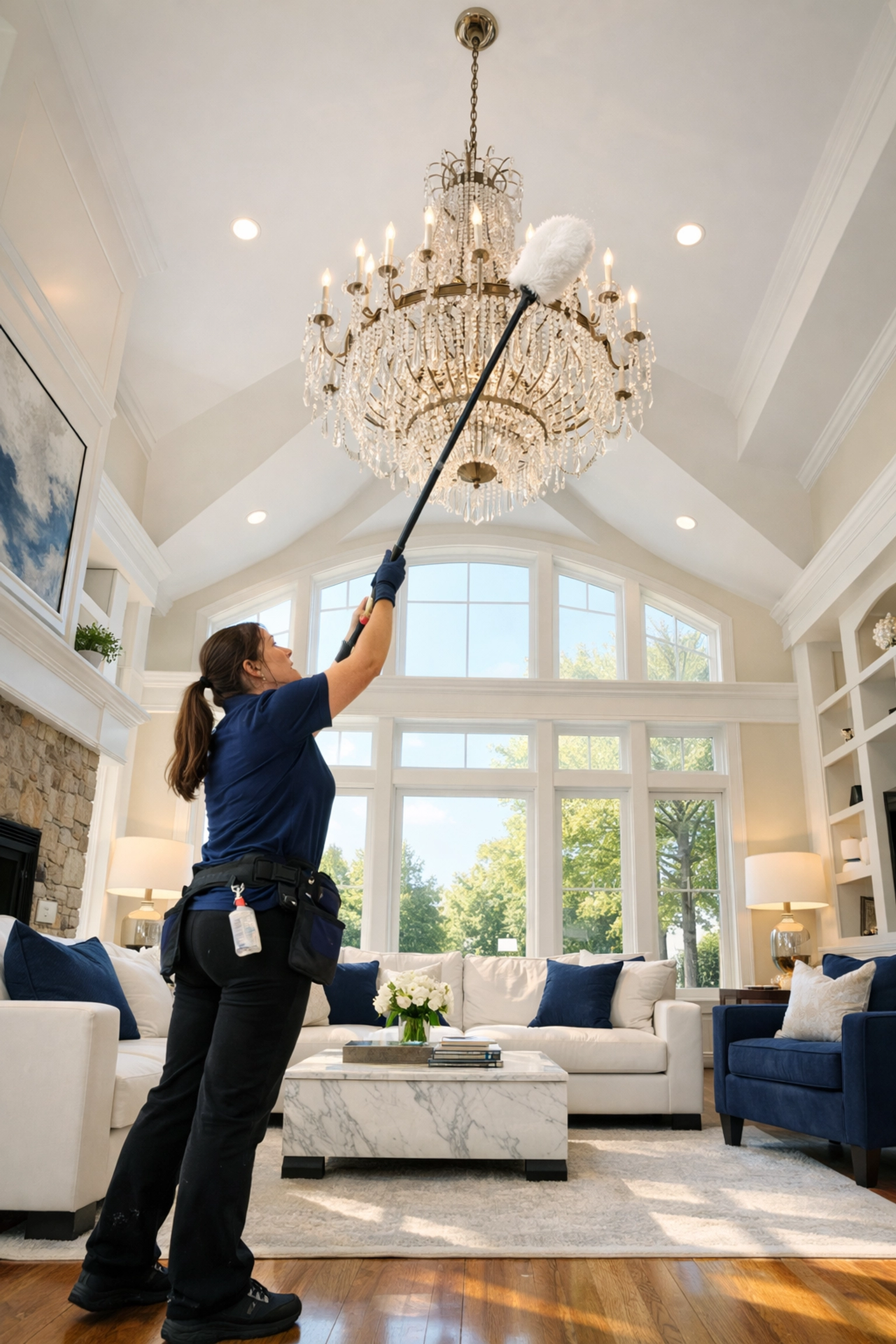 Top-to-bottom house cleaning Marlborough technique featuring a professional dusting a high chandelier.