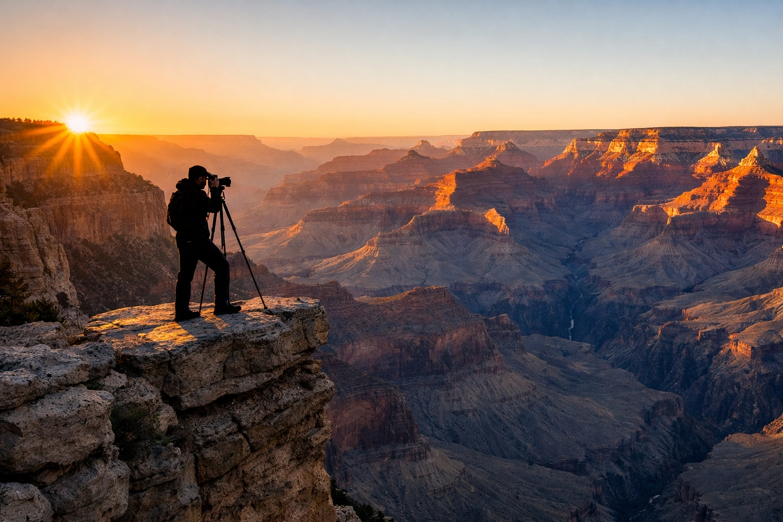 A photographer captures the sunrise at Mather Point, one of the best sunrise spots in the Grand Canyon.