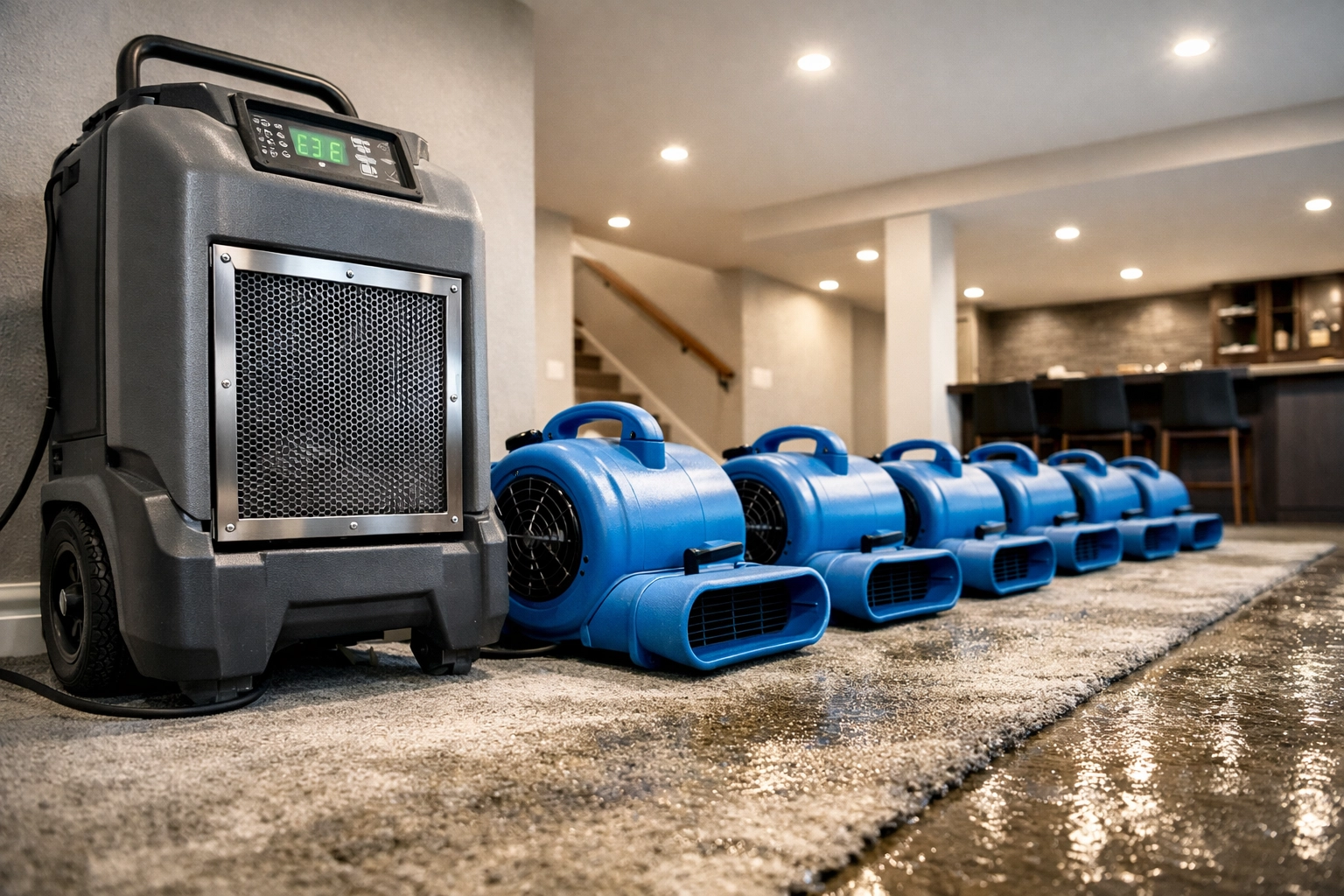 Professional dehumidifier and air movers used for drying during water damage restoration in a basement.