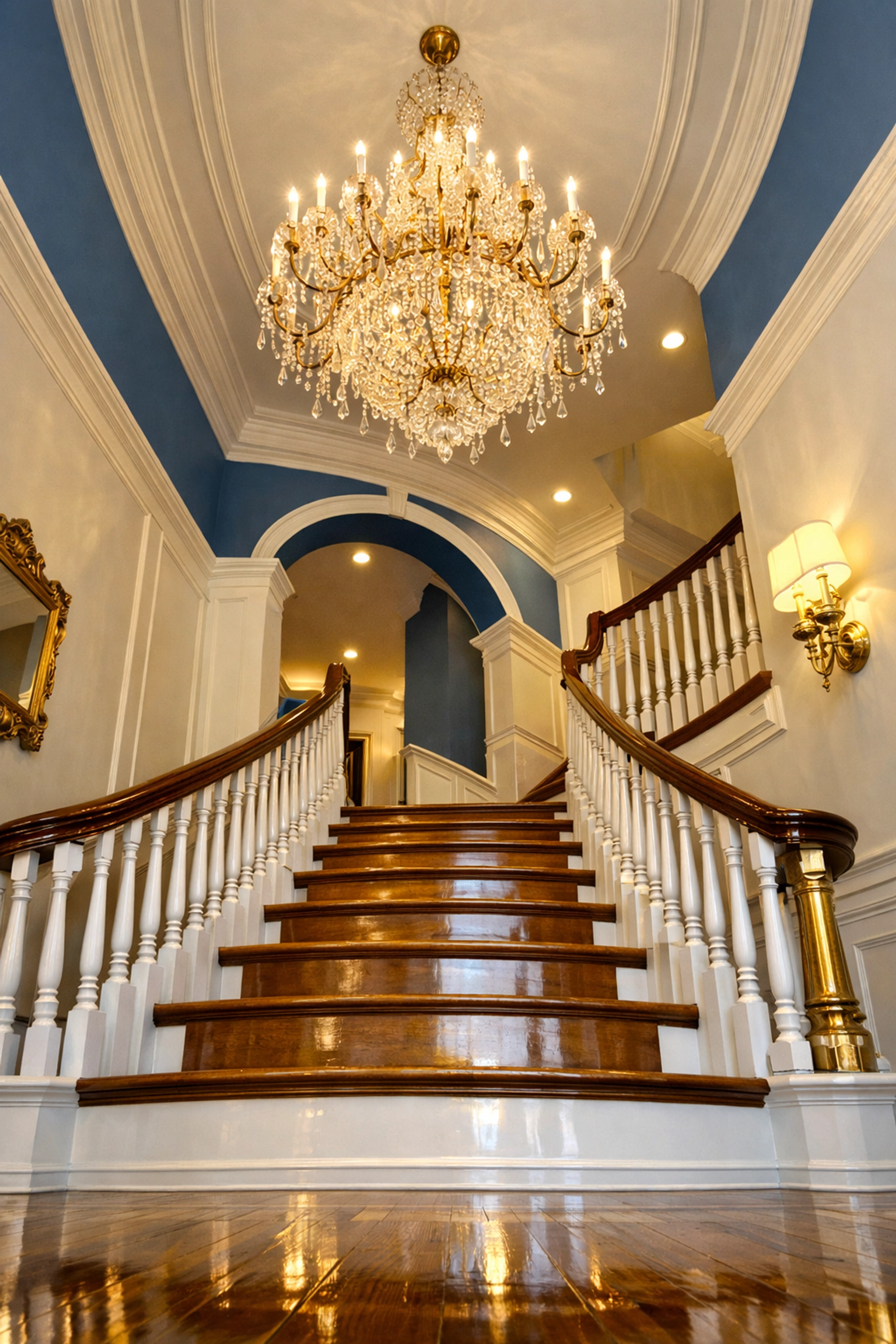 A sparkling grand entryway in a West Cambridge estate following a professional maid service Cambridge visit.