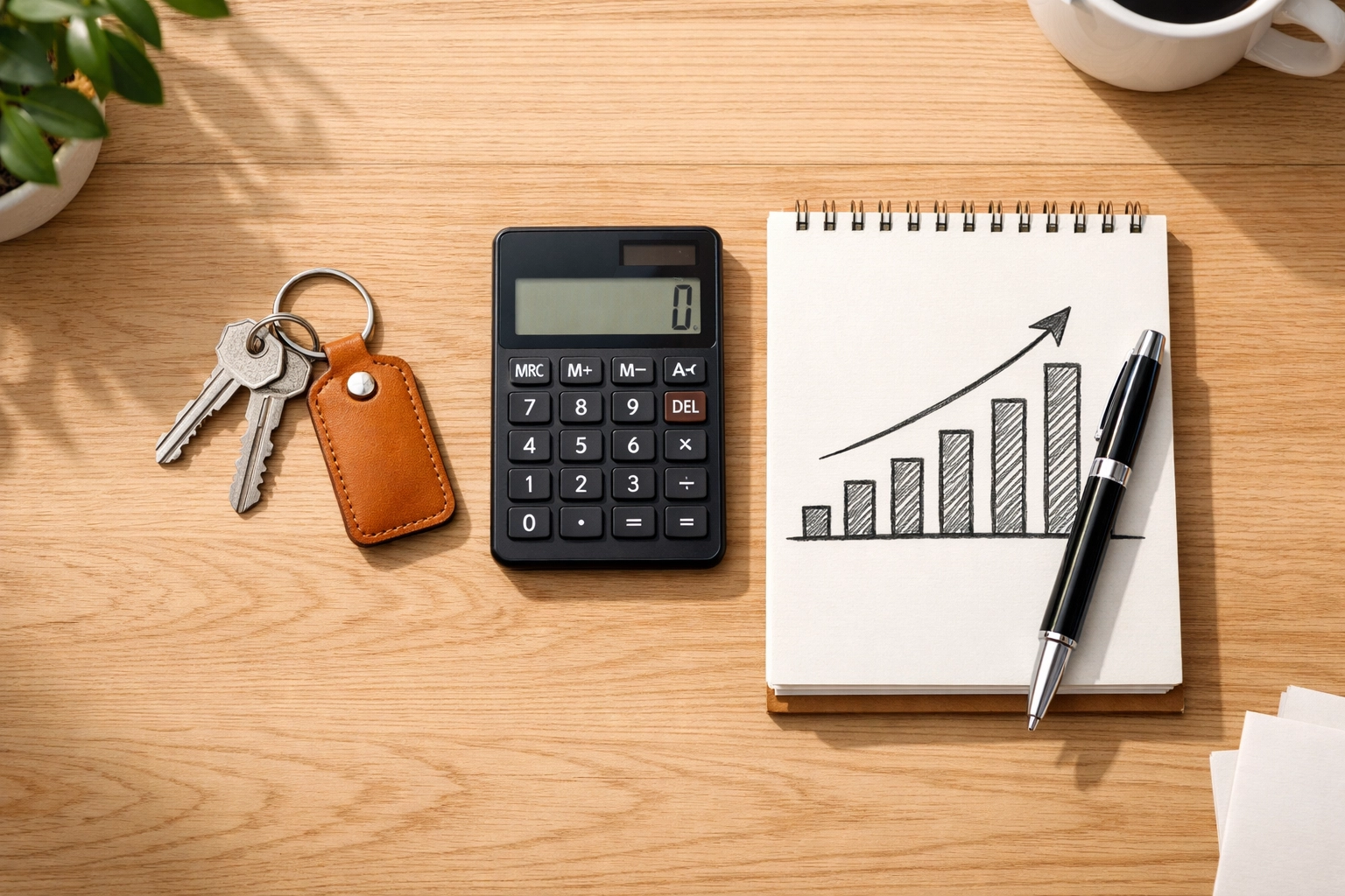 House keys and a calculator on a desk for calculating rental property cash flow and investment metrics.