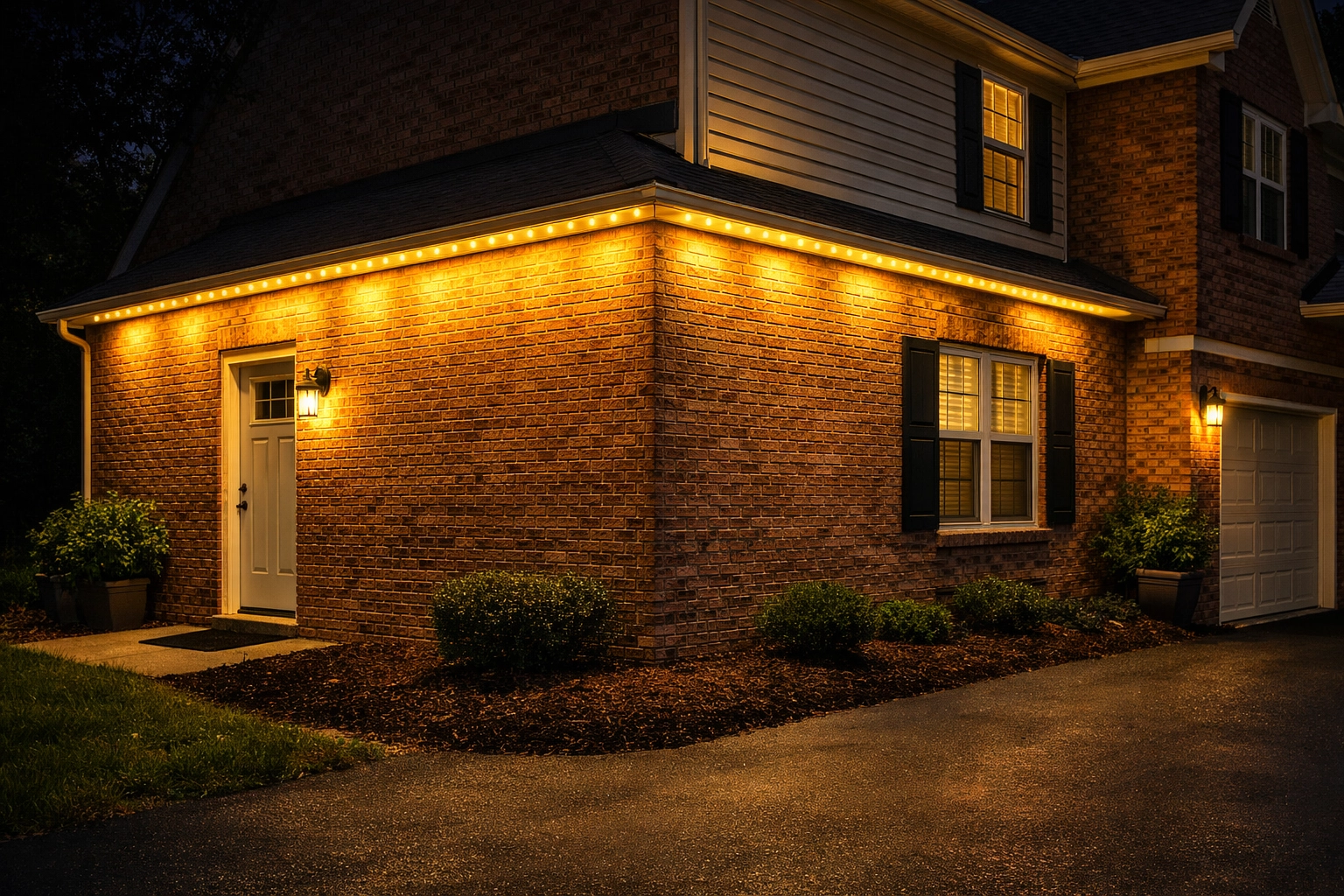 Permanent architectural lighting in Lexington, KY providing security for a suburban home
